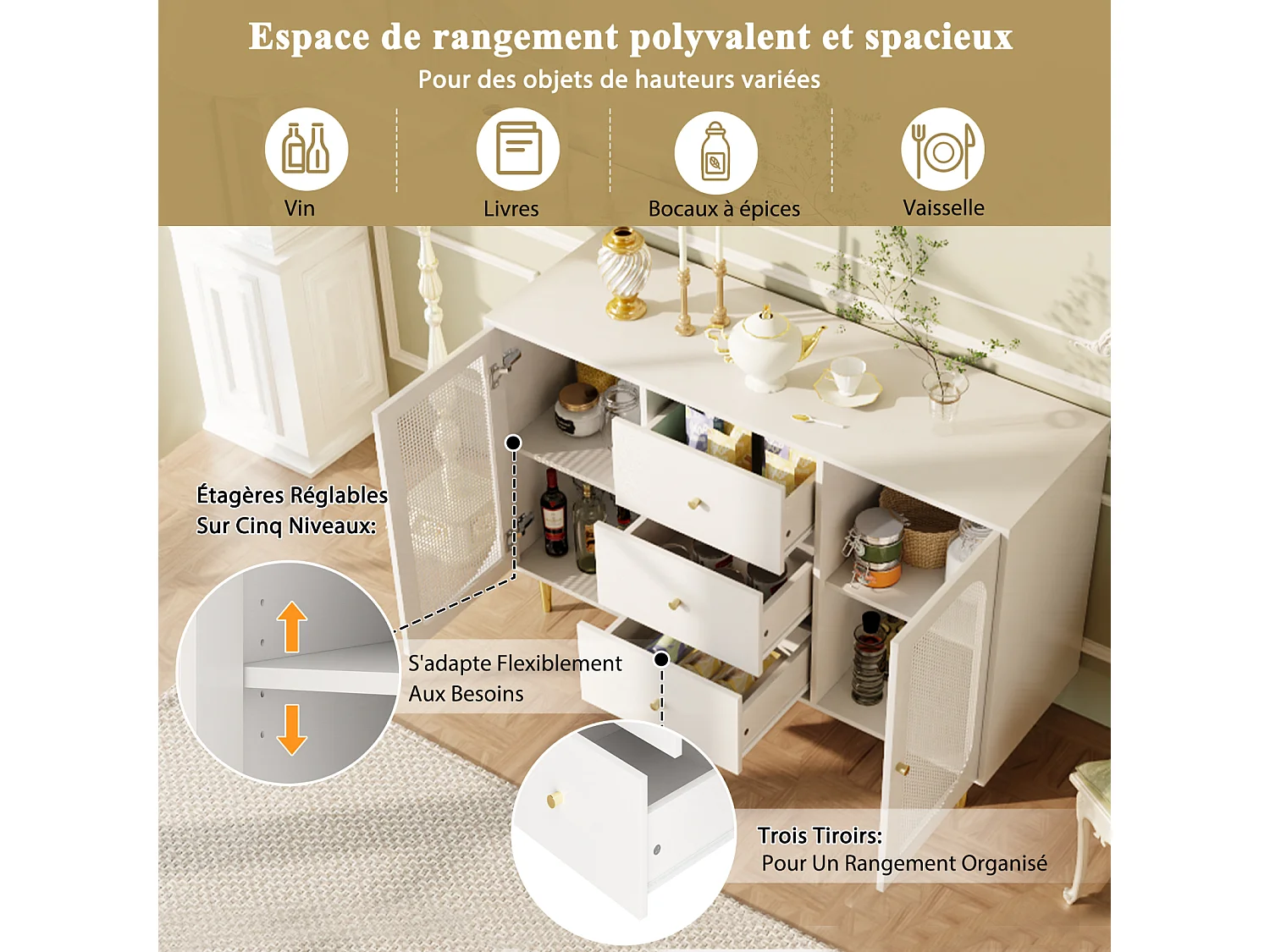 Aparador independiente 120×40×90 cm con puertas y cajón de ratán PE, mueble de almacenaje de madera - Ideal para cocina, salón o hogar - Blanco
