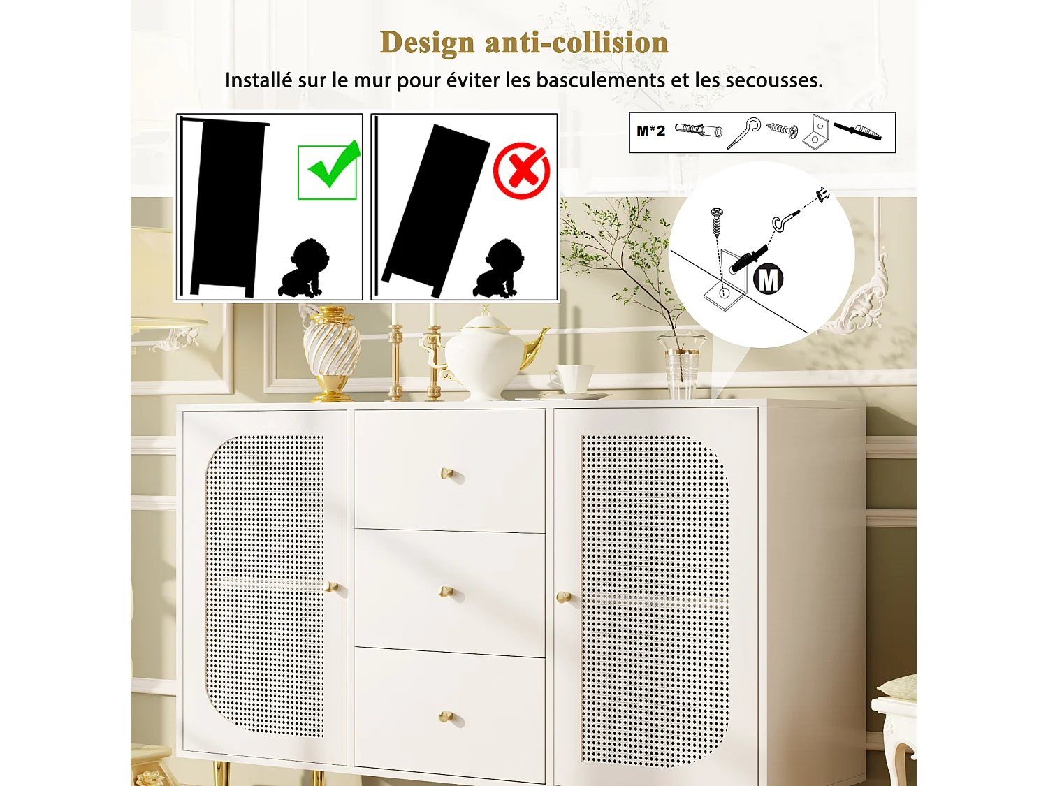 Aparador independiente 120×40×90 cm con puertas y cajón de ratán PE, mueble de almacenaje de madera - Ideal para cocina, salón o hogar - Blanco