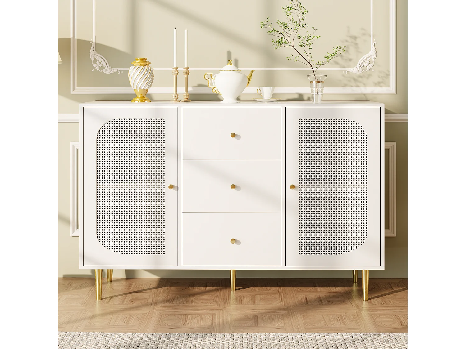 Vrijstaand dressoir 120×40×90 cm met PE-rotan deuren en lade, houten opbergkast - Ideaal voor keuken, woonkamer of thuis - Wit