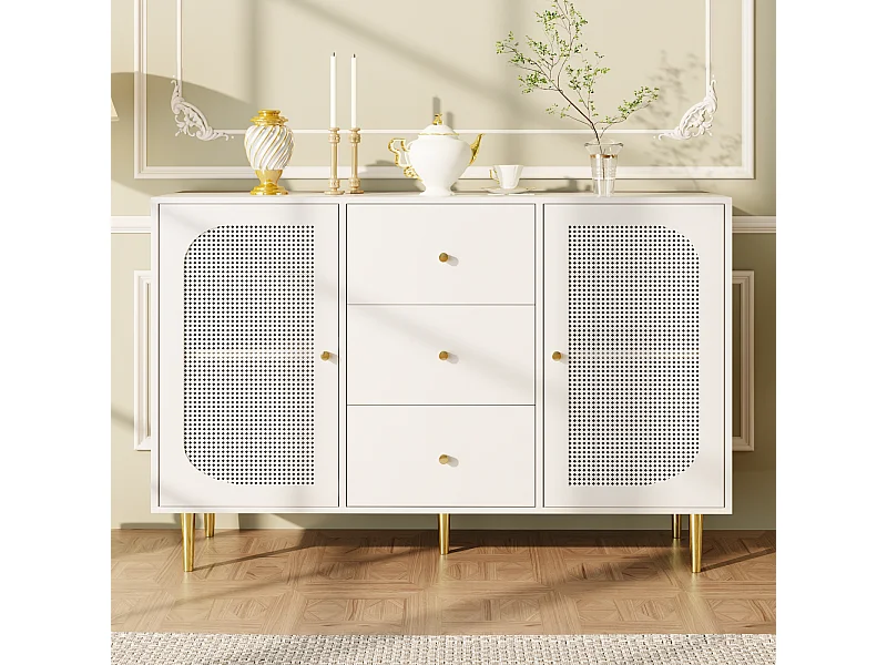 Aparador independiente 120×40×90 cm con puertas y cajón de ratán PE, mueble de almacenaje de madera - Ideal para cocina, salón o hogar - Blanco