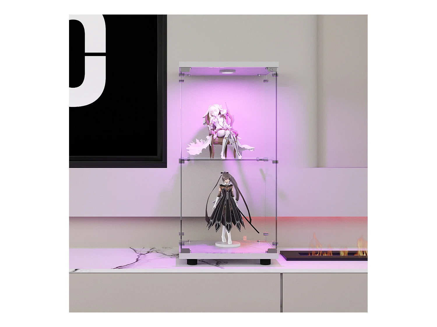 Vitrine en verre trempé à 2 niveaux avec porte, structure en métal blanc et éclairage LED intégré – Design moderne et élégant