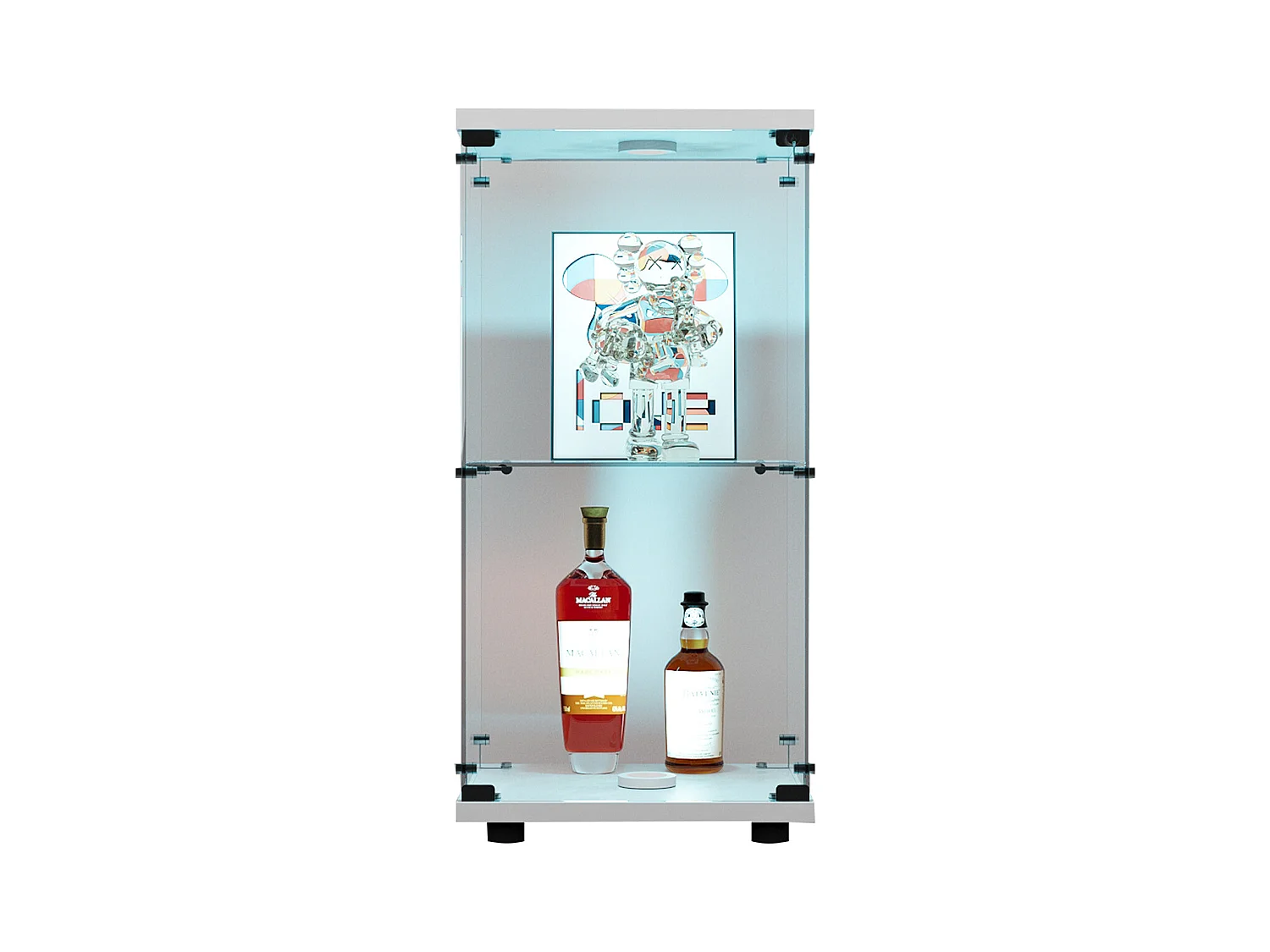 Vitrine en verre trempé à 2 niveaux avec porte, structure en métal blanc et éclairage LED intégré – Design moderne et élégant