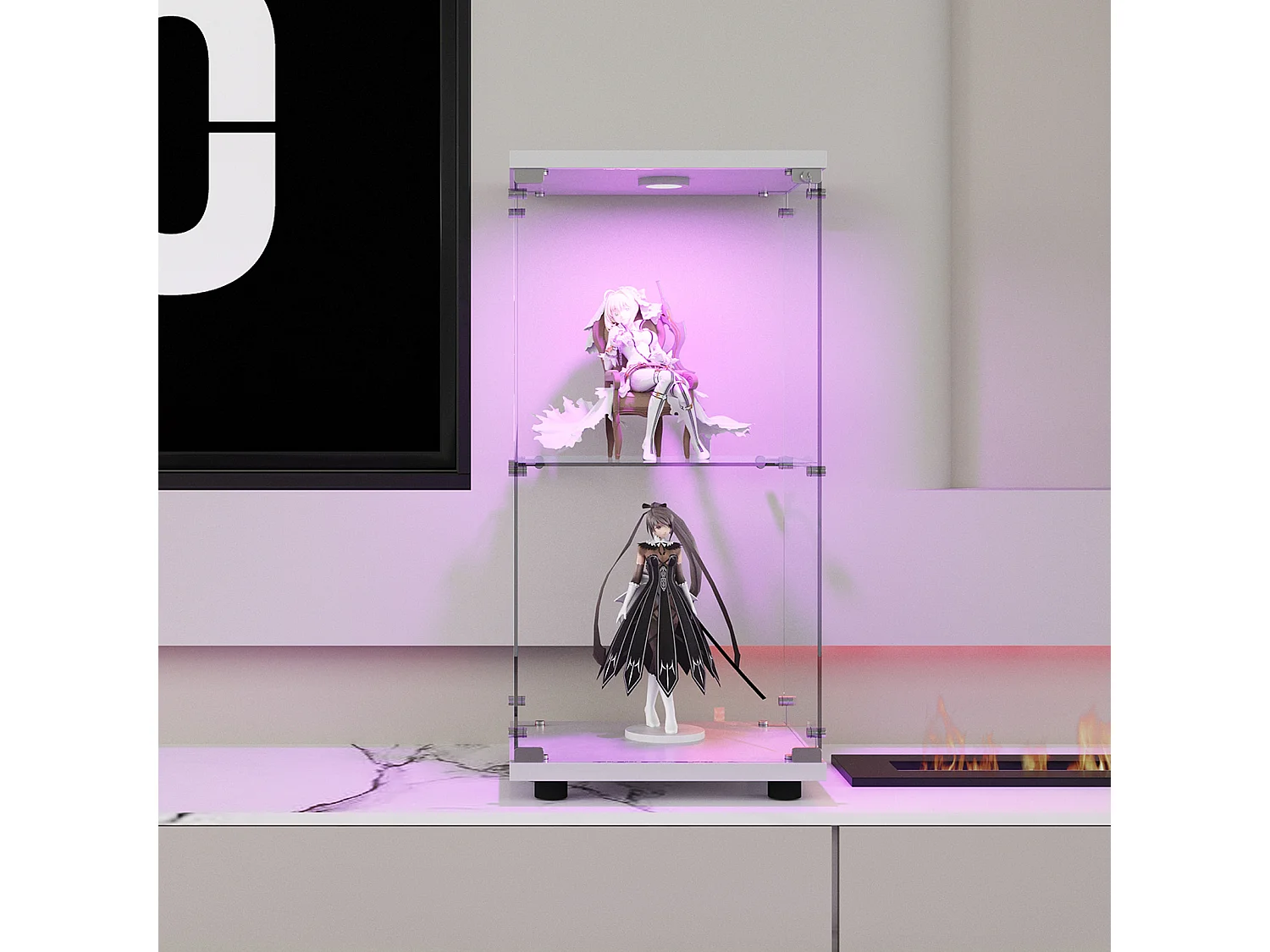 Vitrine en verre trempé à 2 niveaux avec porte, structure en métal blanc et éclairage LED intégré – Design moderne et élégant