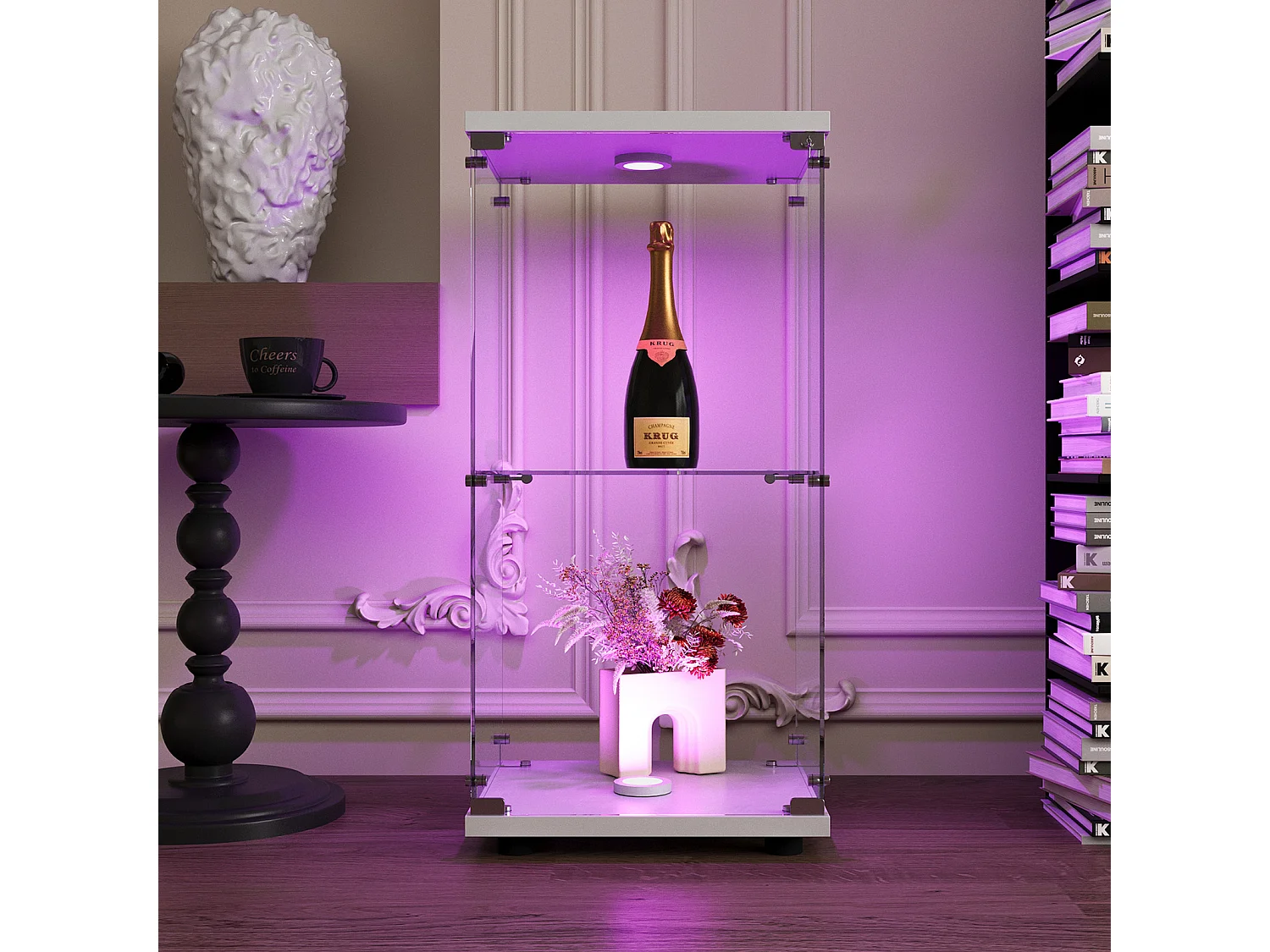 Vitrine en verre trempé à 2 niveaux avec porte, structure en métal blanc et éclairage LED intégré – Design moderne et élégant