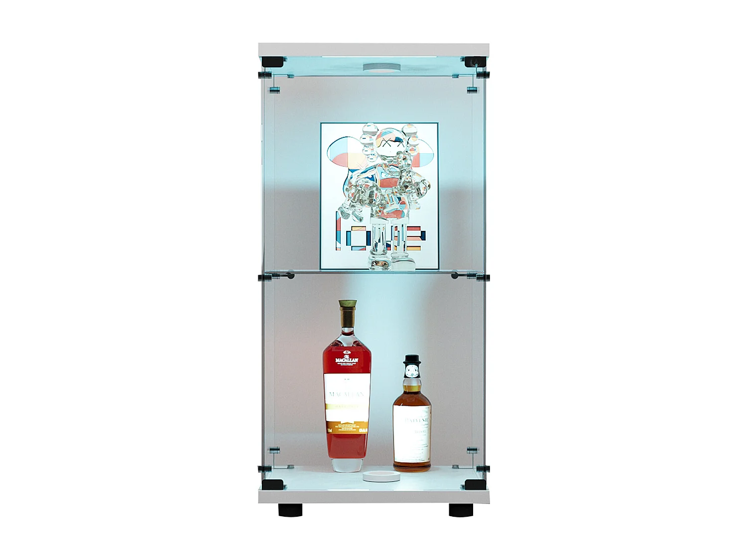 Vitrine en verre trempé à 2 niveaux avec porte, structure en métal blanc et éclairage LED intégré – Design moderne et élégant