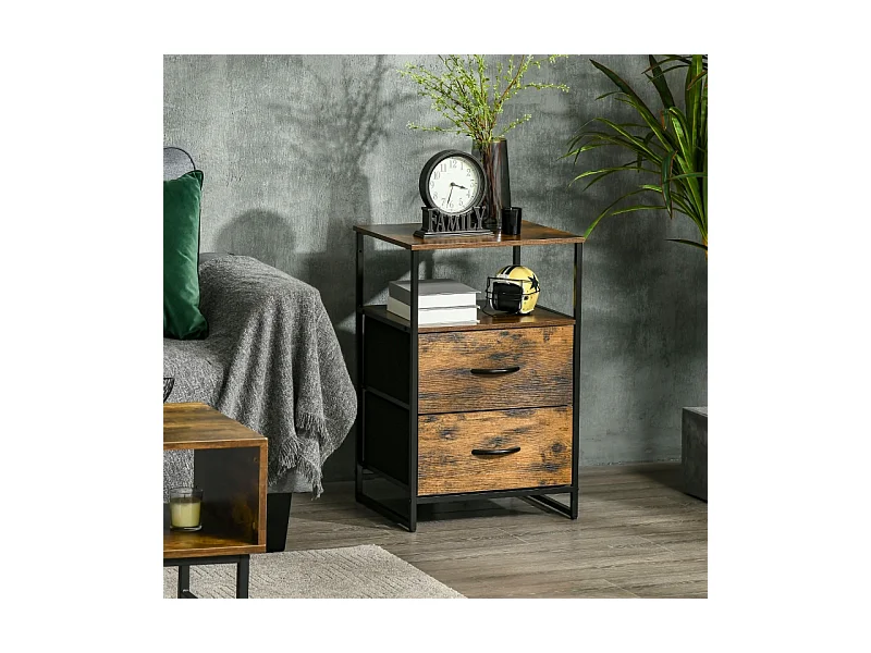 Commode au style industriel avec tiroirs en tissu pliable et étagère – Meuble de rangement pratique pour salon, brun rustique