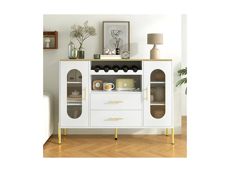 Wit dressoir, glazen deuren en wijnrek, verstelbare poten, veel opbergruimte, modern design, ideaal voor eetkamer en woonkamer