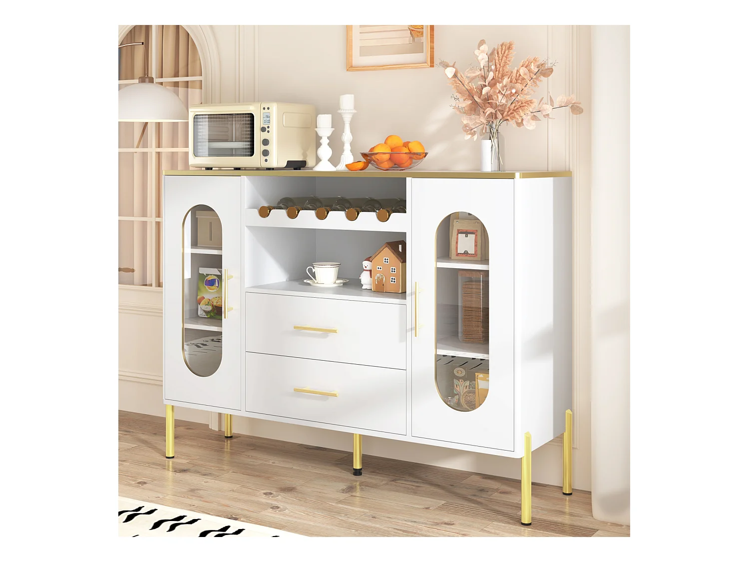 Buffet blanc, portes vitrées et casier à vin, pieds réglables, grand espace de rangement, design moderne, idéal salle à manger et salon