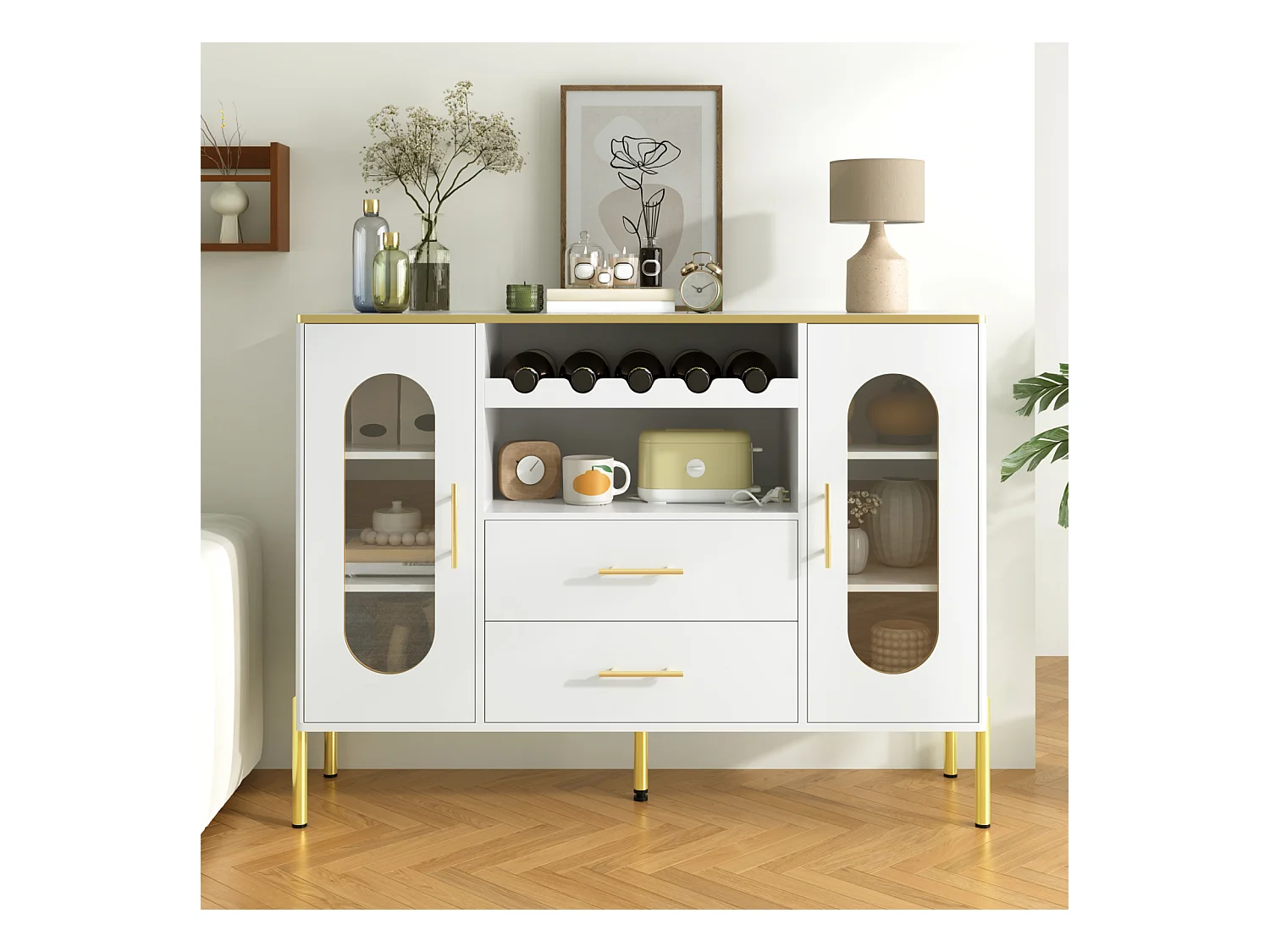 Wit dressoir, glazen deuren en wijnrek, verstelbare poten, veel opbergruimte, modern design, ideaal voor eetkamer en woonkamer
