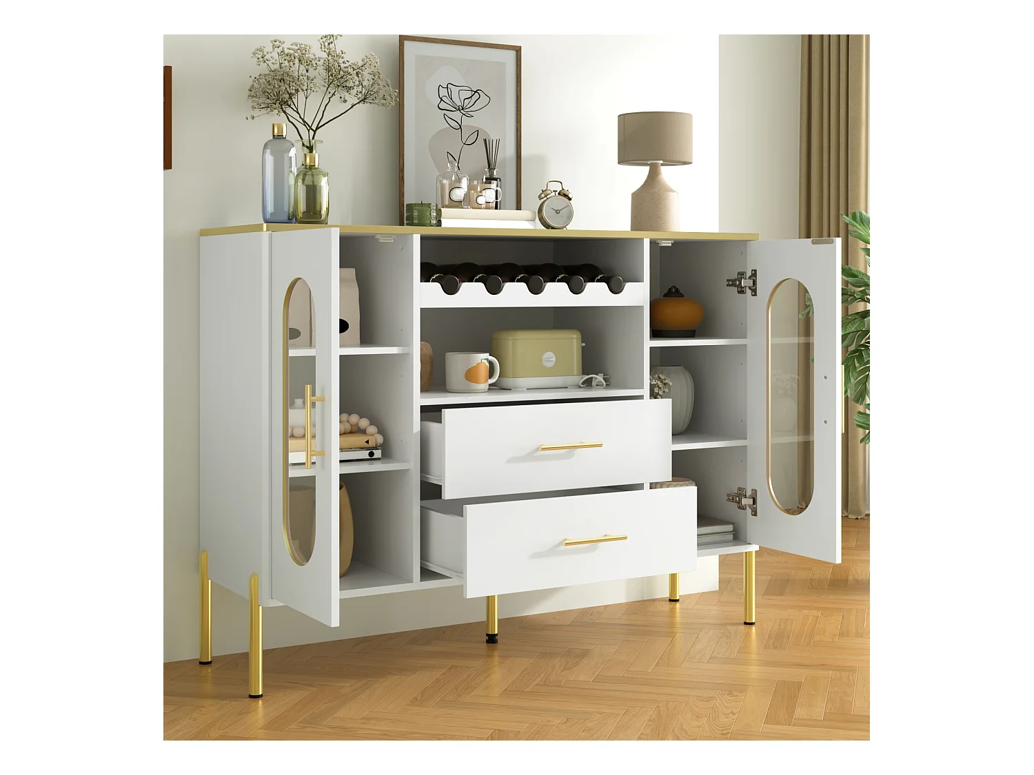 Buffet blanc, portes vitrées et casier à vin, pieds réglables, grand espace de rangement, design moderne, idéal salle à manger et salon
