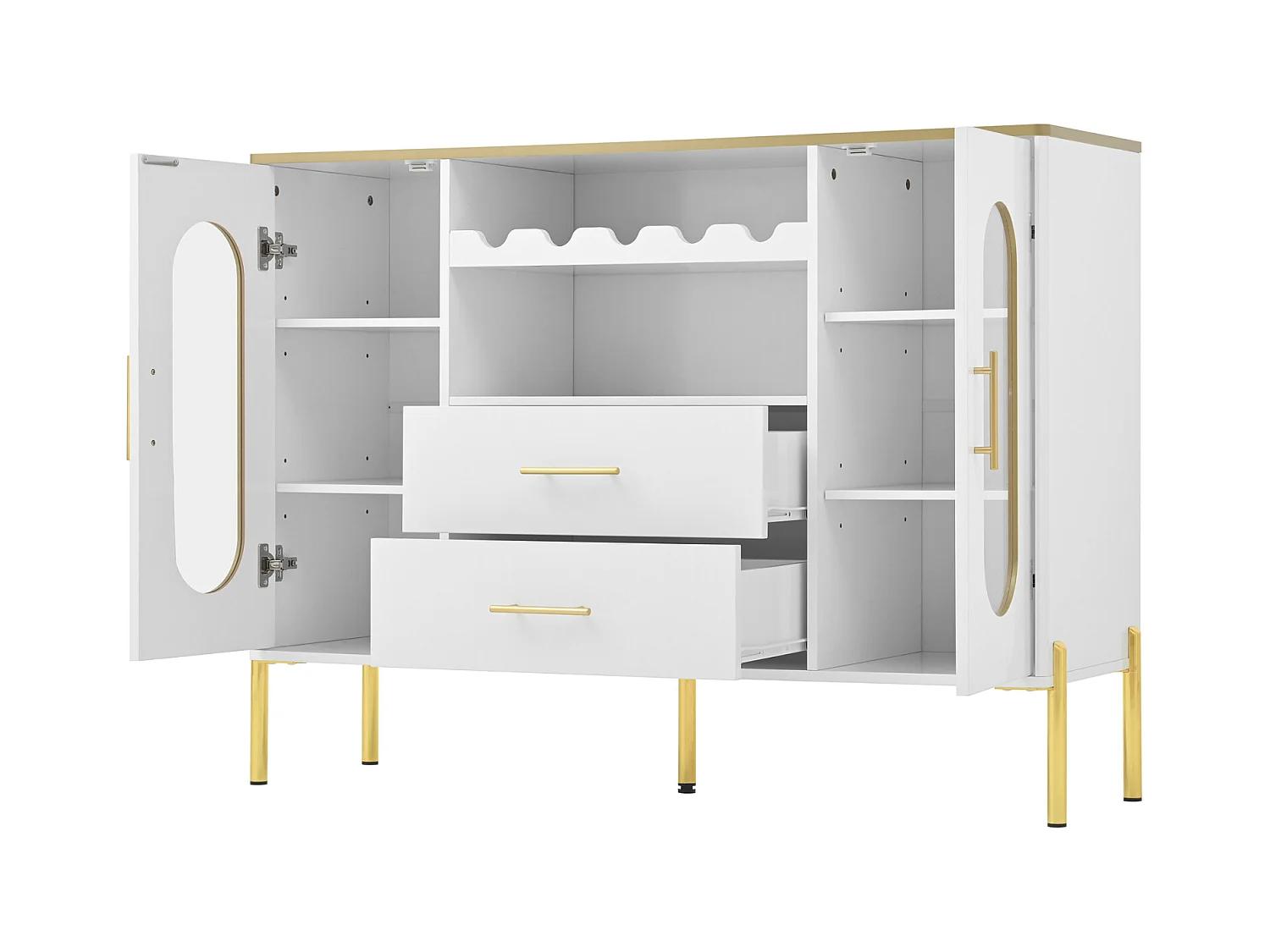 Buffet blanc, portes vitrées et casier à vin, pieds réglables, grand espace de rangement, design moderne, idéal salle à manger et salon