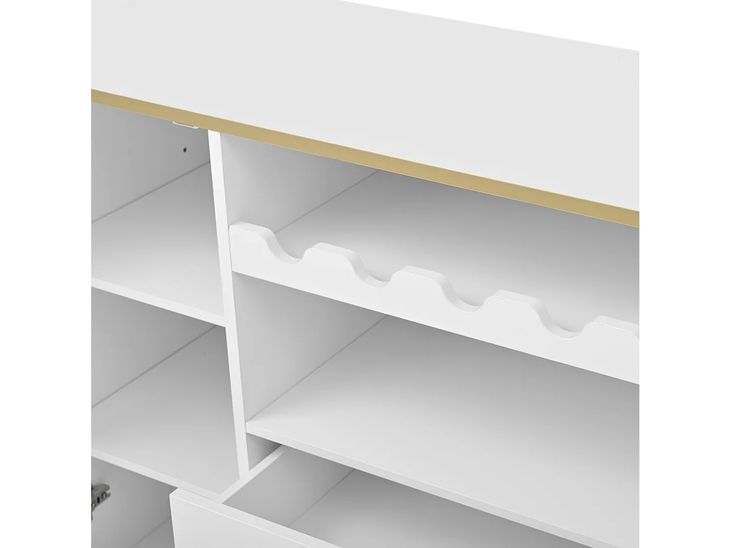 Aparador blanco, puertas de cristal y botellero, patas regulables, gran espacio de almacenaje, diseño moderno, ideal para comedor y salón.