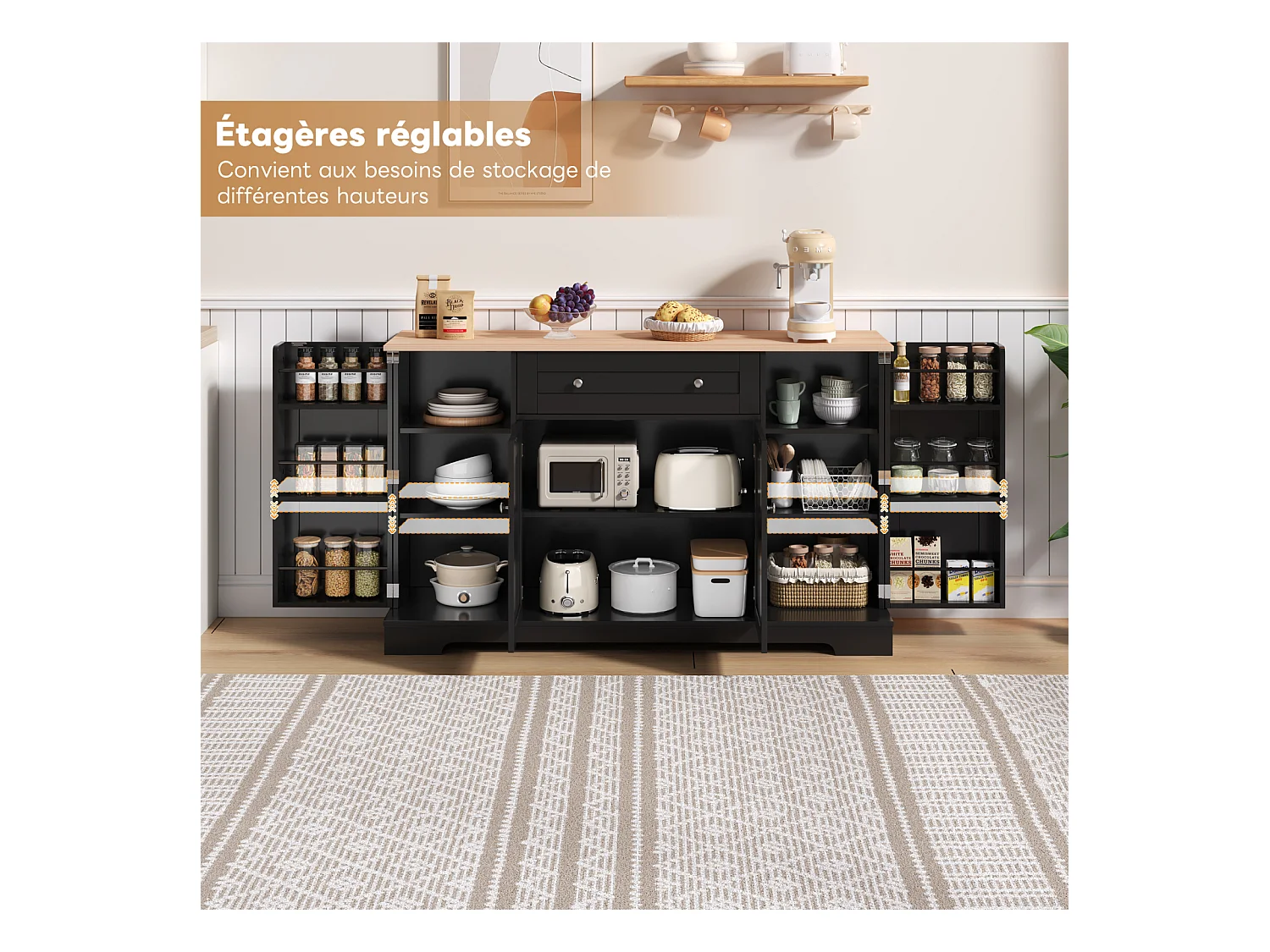 Buffet multifonction avec tiroir, portes et étagères réglables – Design moderne avec protection anti-basculement, idéal cuisine, salon