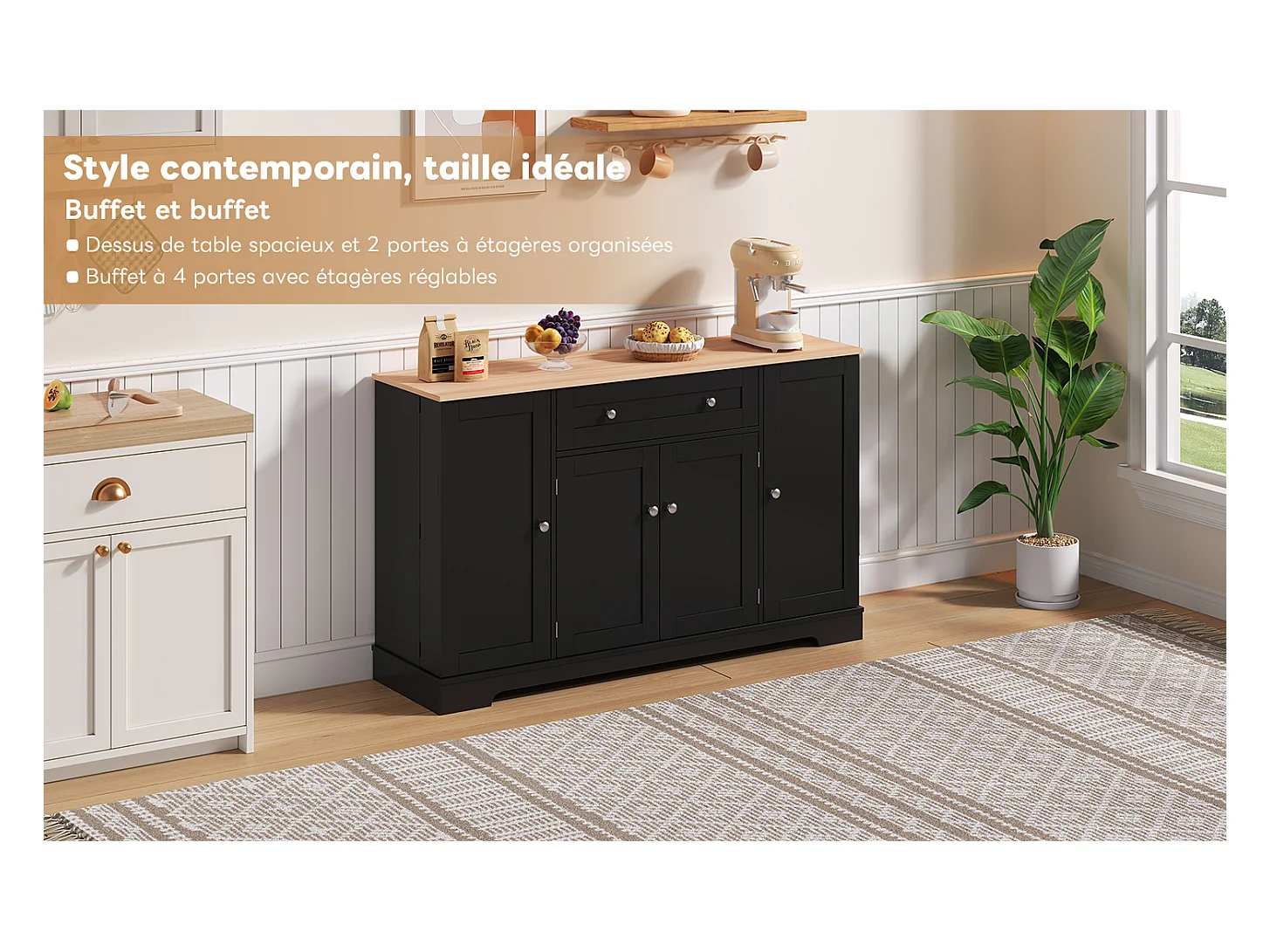 Buffet multifonction avec tiroir, portes et étagères réglables – Design moderne avec protection anti-basculement, idéal cuisine, salon