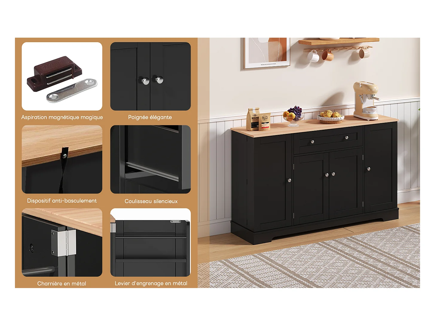 Buffet multifonction avec tiroir, portes et étagères réglables – Design moderne avec protection anti-basculement, idéal cuisine, salon