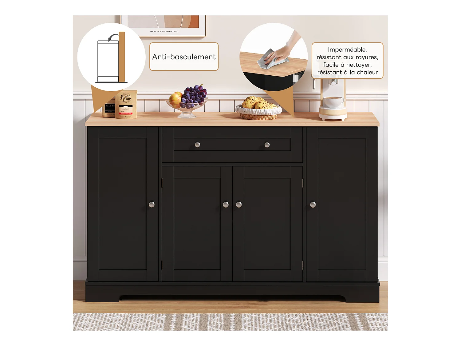 Buffet multifonction avec tiroir, portes et étagères réglables – Design moderne avec protection anti-basculement, idéal cuisine, salon