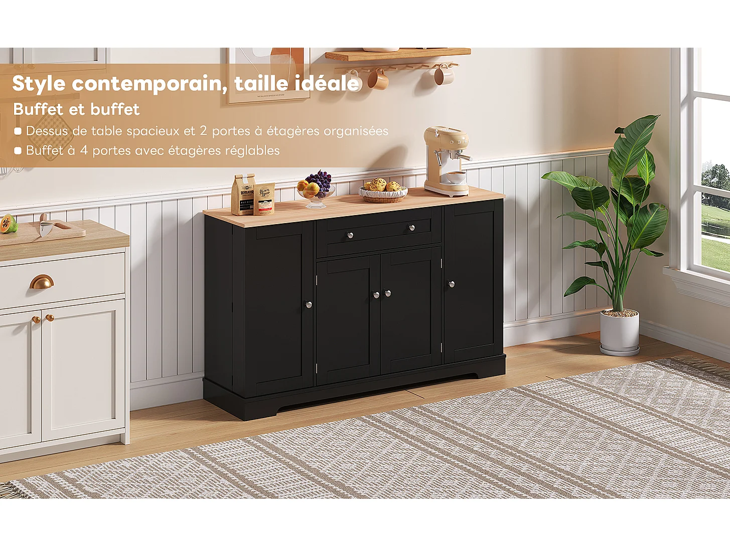 Buffet multifonction avec tiroir, portes et étagères réglables – Design moderne avec protection anti-basculement, idéal cuisine, salon