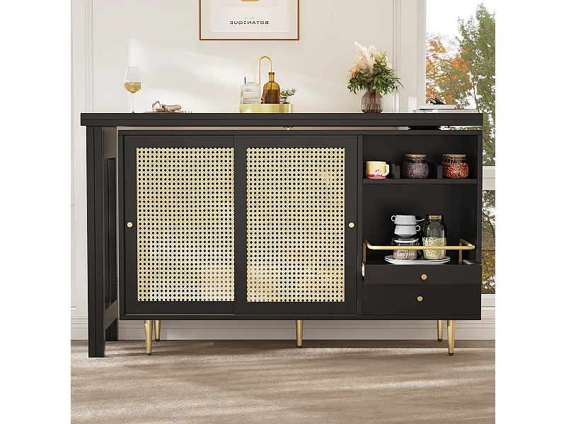 Mesa alta giratória 360° – Mesa extensível preta de design com porta de vime e prateleira aberta – Ideal para cozinha e sala de jantar