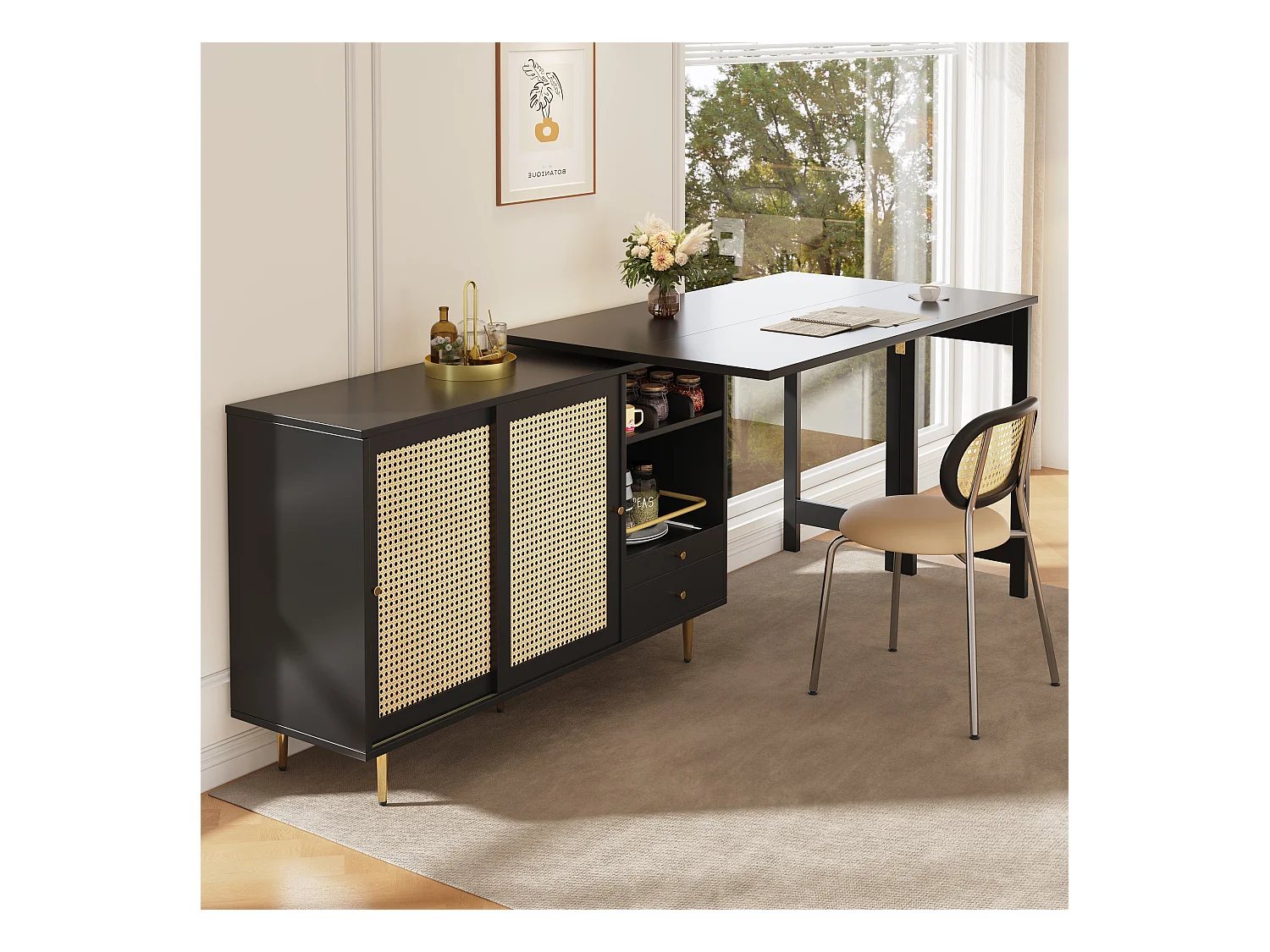 Table haute pivotante 360° – Table design extensible noire avec porte en rotin et étagère ouverte – Idéale pour cuisine et salle à manger