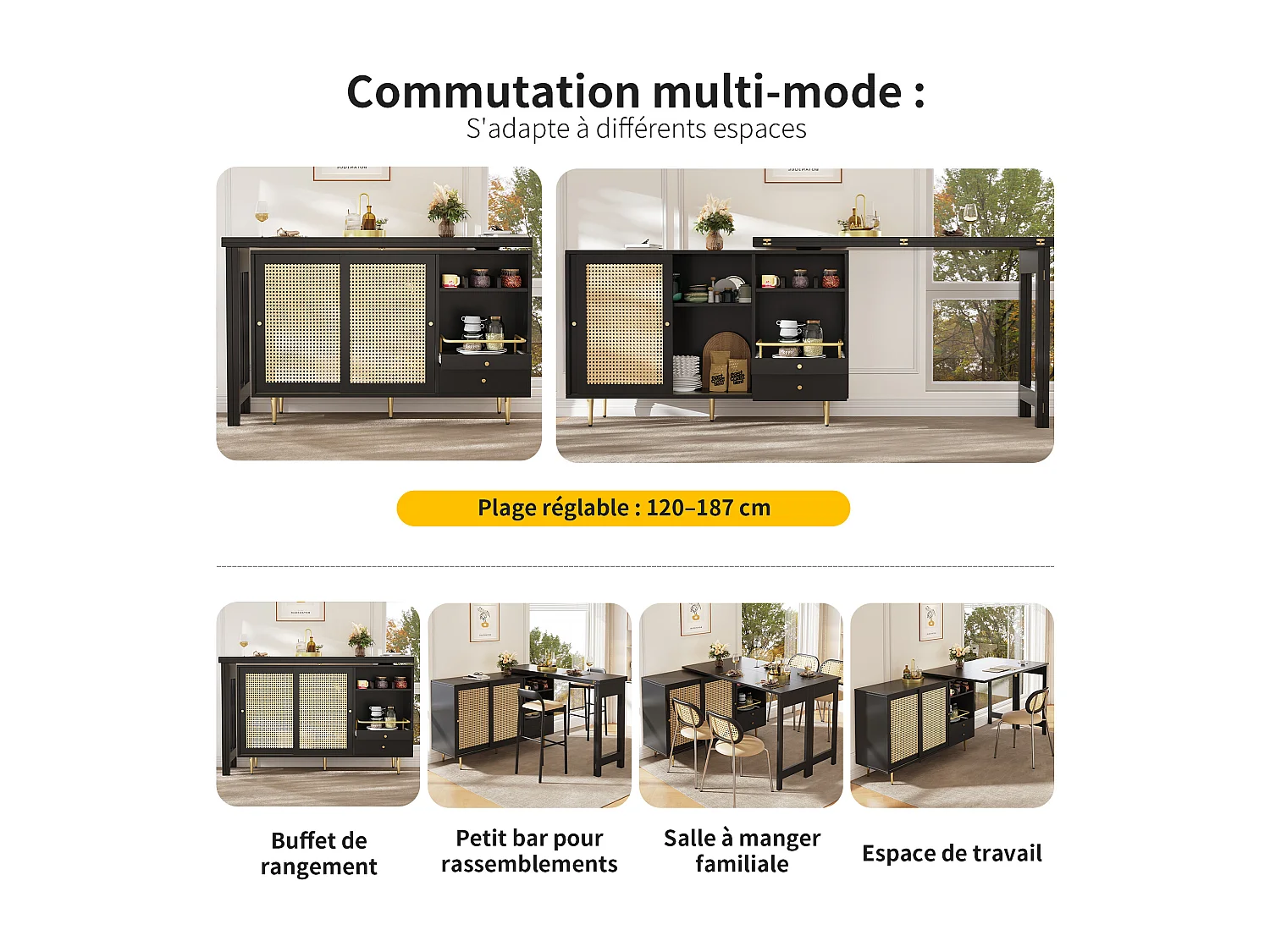 Table haute pivotante 360° – Table design extensible noire avec porte en rotin et étagère ouverte – Idéale pour cuisine et salle à manger