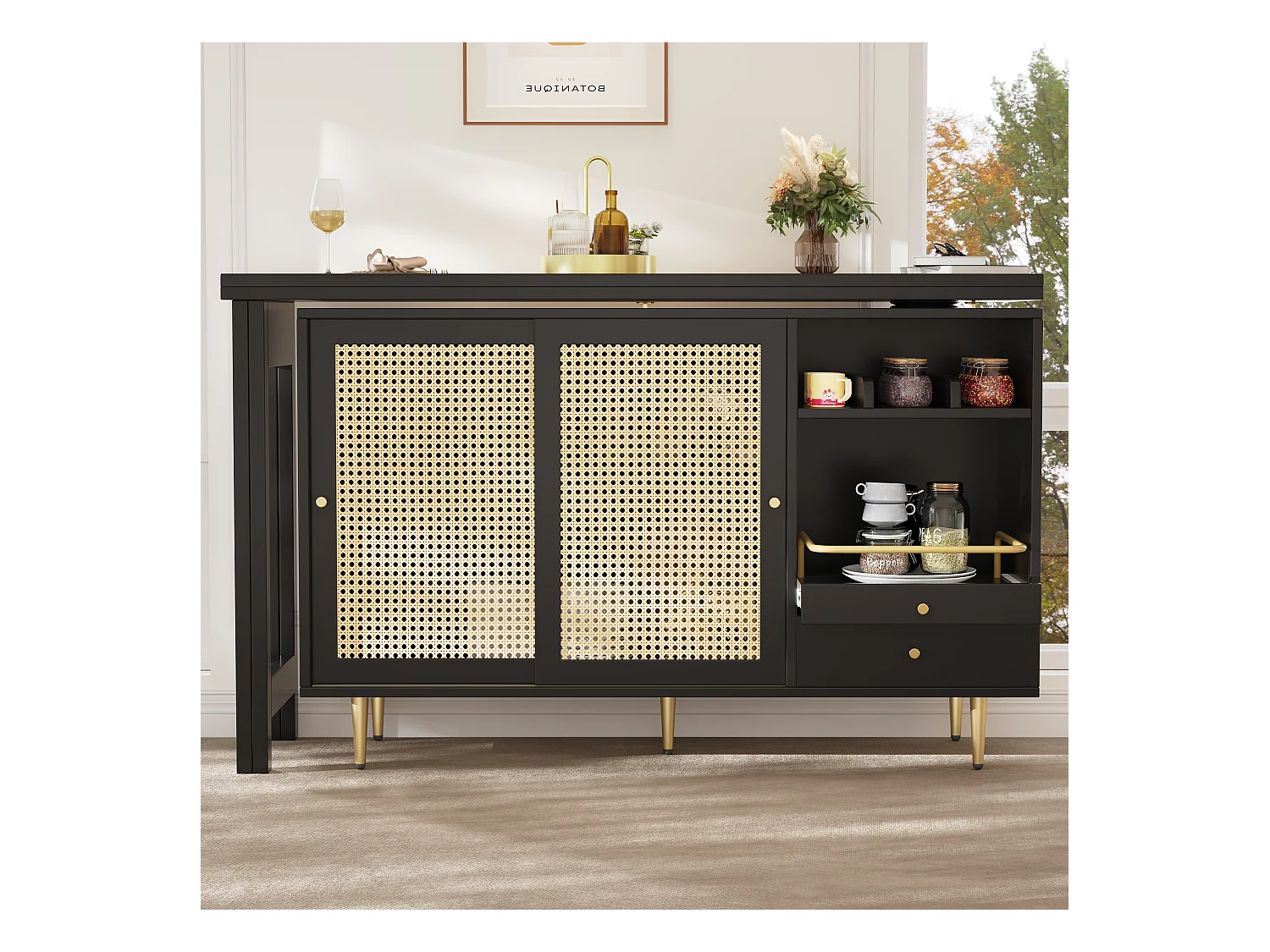 360° draaibare hoge tafel – Zwarte uitschuifbare designtafel met rotandeur en open plank – Ideaal voor keuken en eetkamer