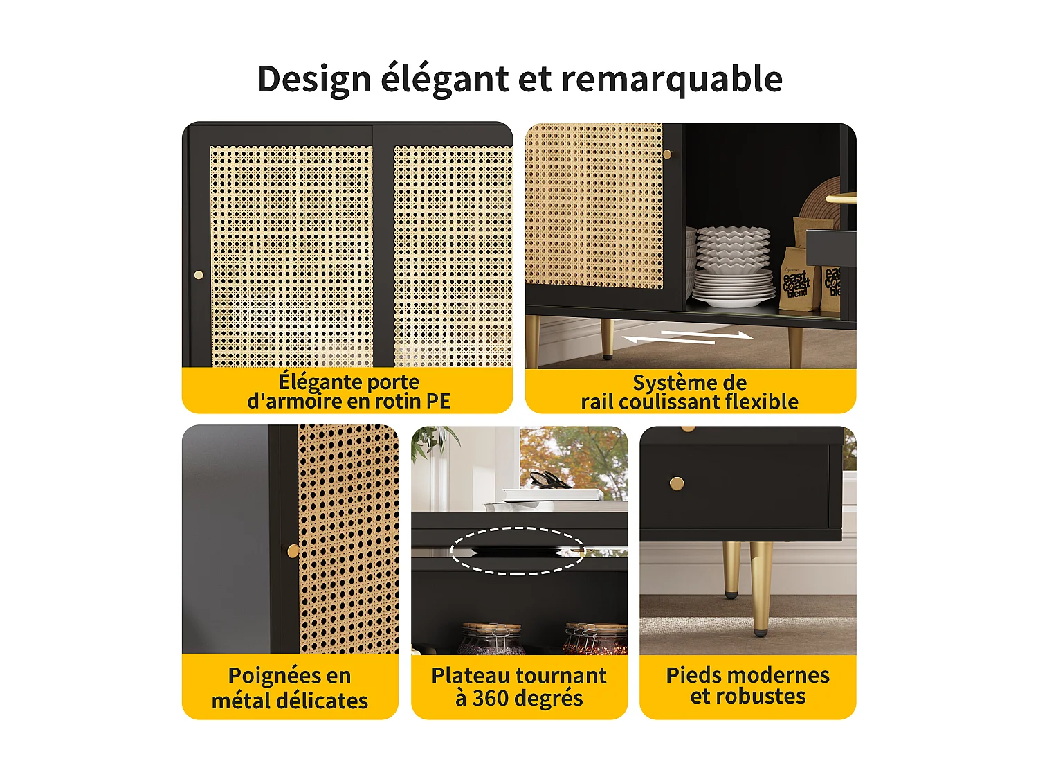 360° draaibare hoge tafel – Zwarte uitschuifbare designtafel met rotandeur en open plank – Ideaal voor keuken en eetkamer