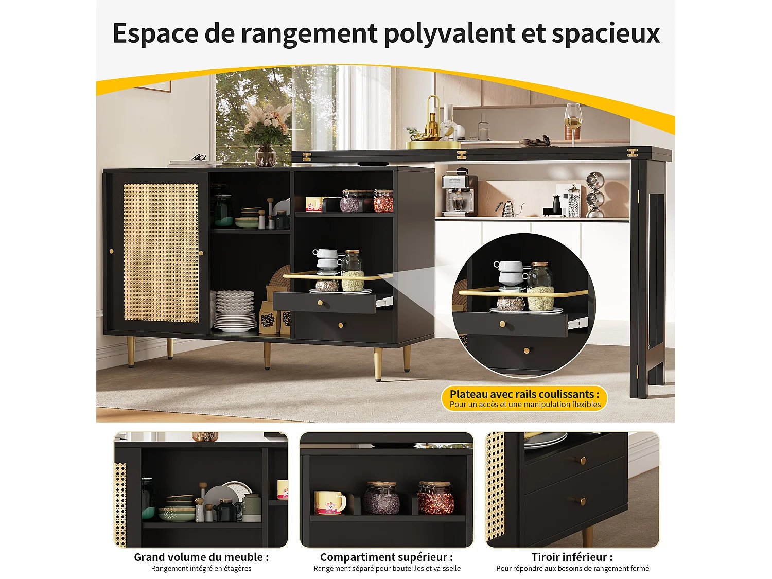 Table haute pivotante 360° – Table design extensible noire avec porte en rotin et étagère ouverte – Idéale pour cuisine et salle à manger