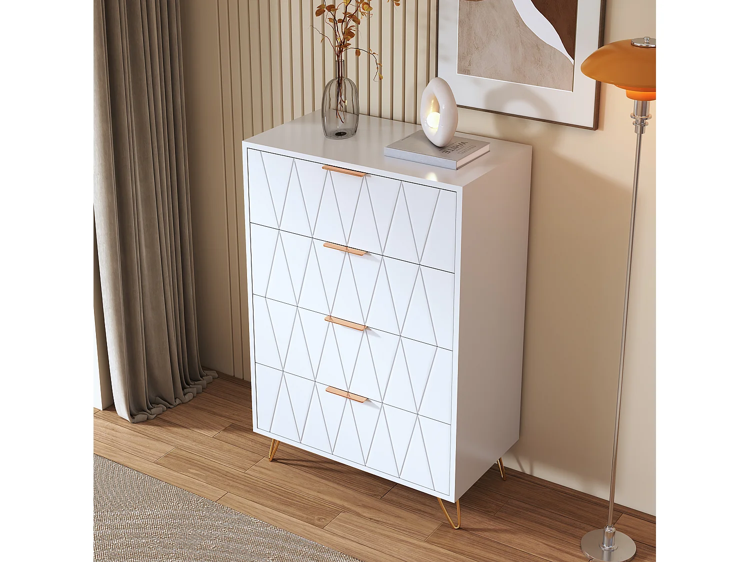 Commode 4 tiroirs blanche avec façades à motif losange en relief, panneaux mélaminés, grande capacité de rangement et robuste