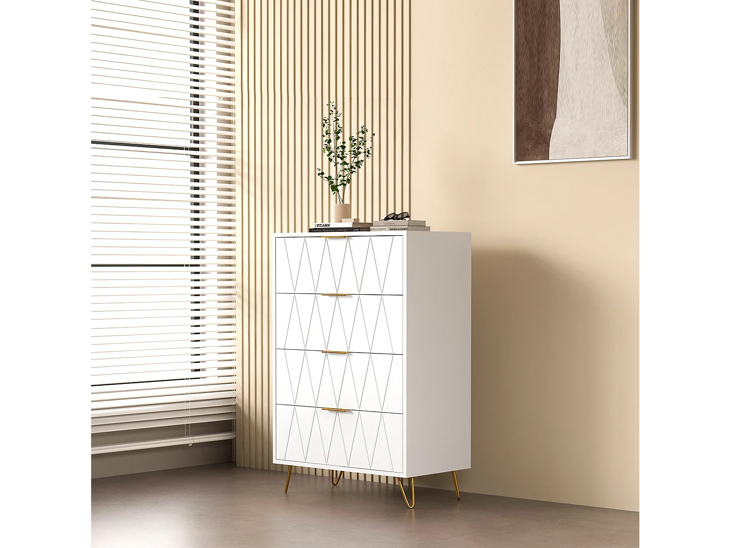 Commode 4 tiroirs blanche avec façades à motif losange en relief, panneaux mélaminés, grande capacité de rangement et robuste