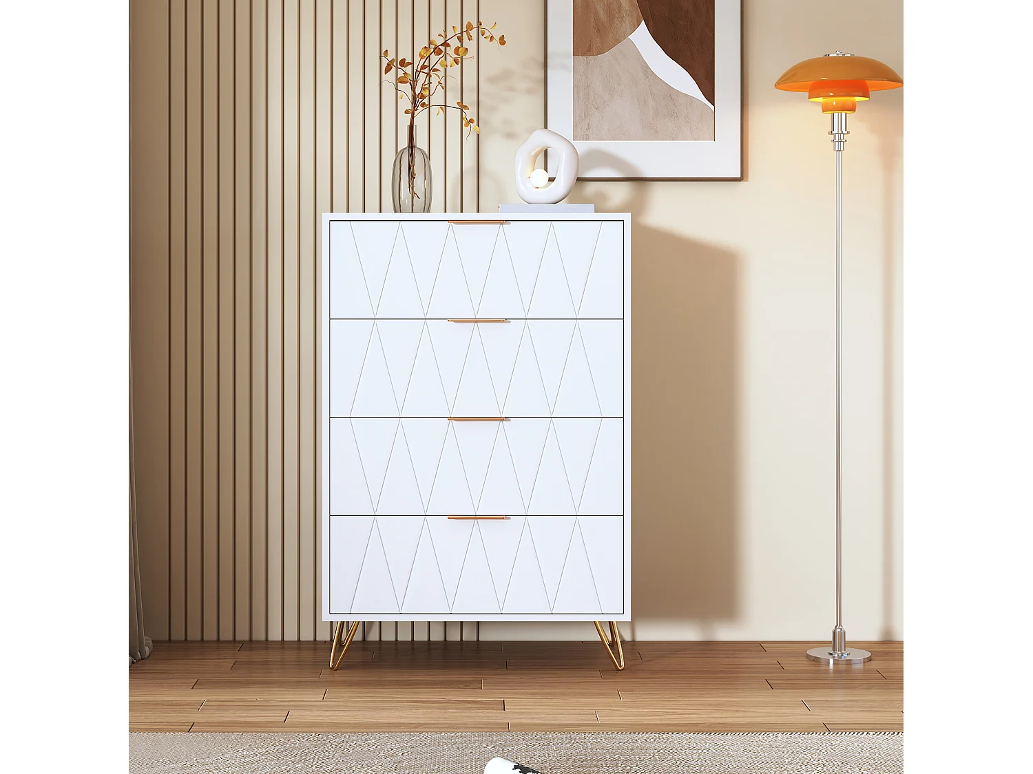 Commode 4 tiroirs blanche avec façades à motif losange en relief, panneaux mélaminés, grande capacité de rangement et robuste