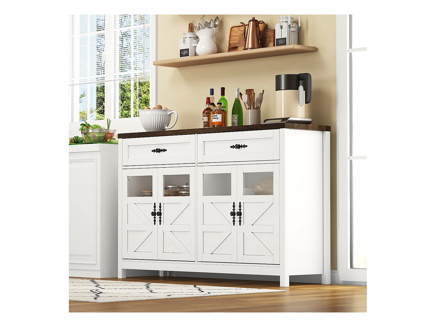 Buffet blanc 140 cm, 4 portes et 2 tiroirs, grand espace de rangement, style contemporain, bar à café, idéal salle à manger et salon