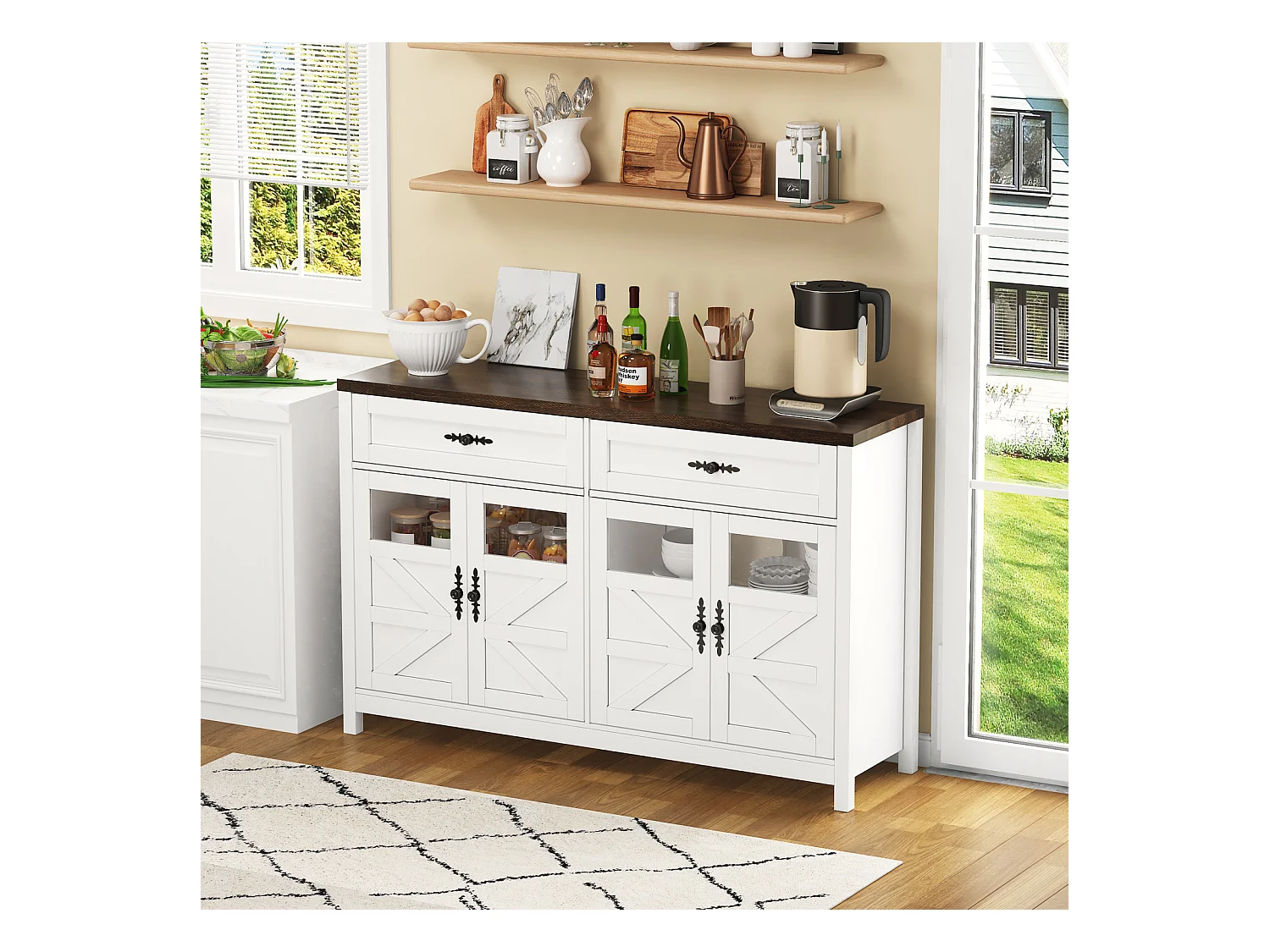 Buffet blanc 140 cm, 4 portes et 2 tiroirs, grand espace de rangement, style contemporain, bar à café, idéal salle à manger et salon