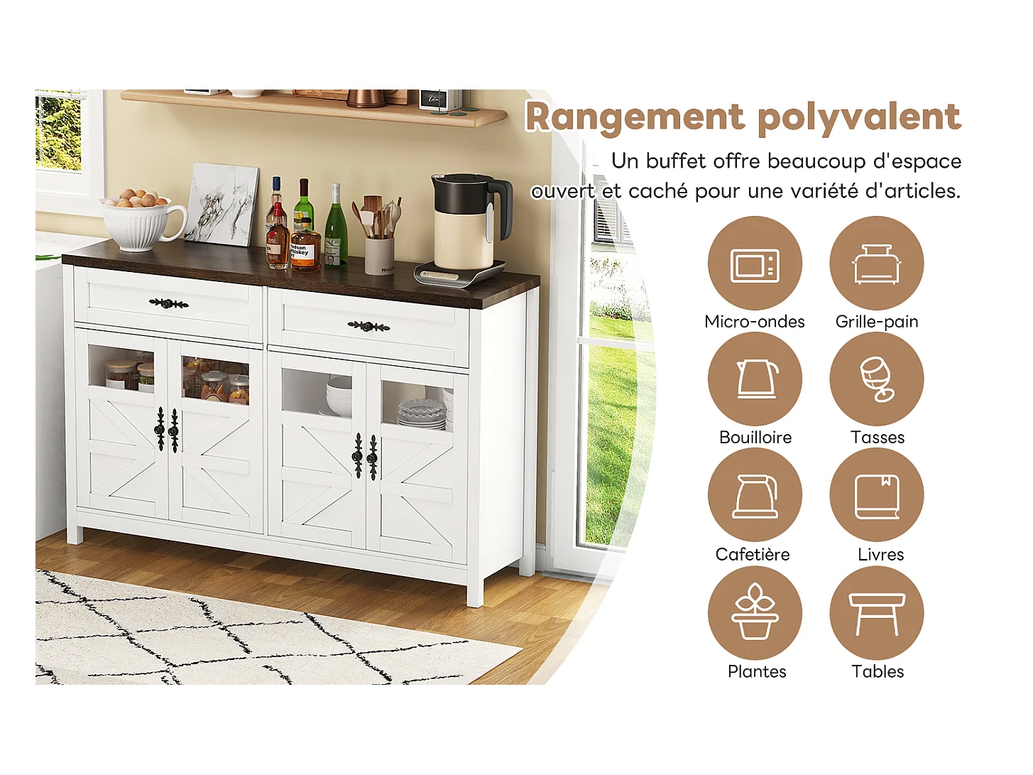 Buffet blanc 140 cm, 4 portes et 2 tiroirs, grand espace de rangement, style contemporain, bar à café, idéal salle à manger et salon