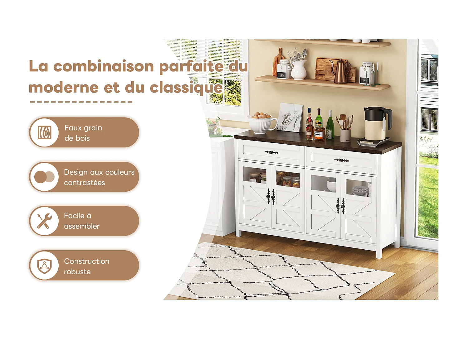 Buffet blanc 140 cm, 4 portes et 2 tiroirs, grand espace de rangement, style contemporain, bar à café, idéal salle à manger et salon