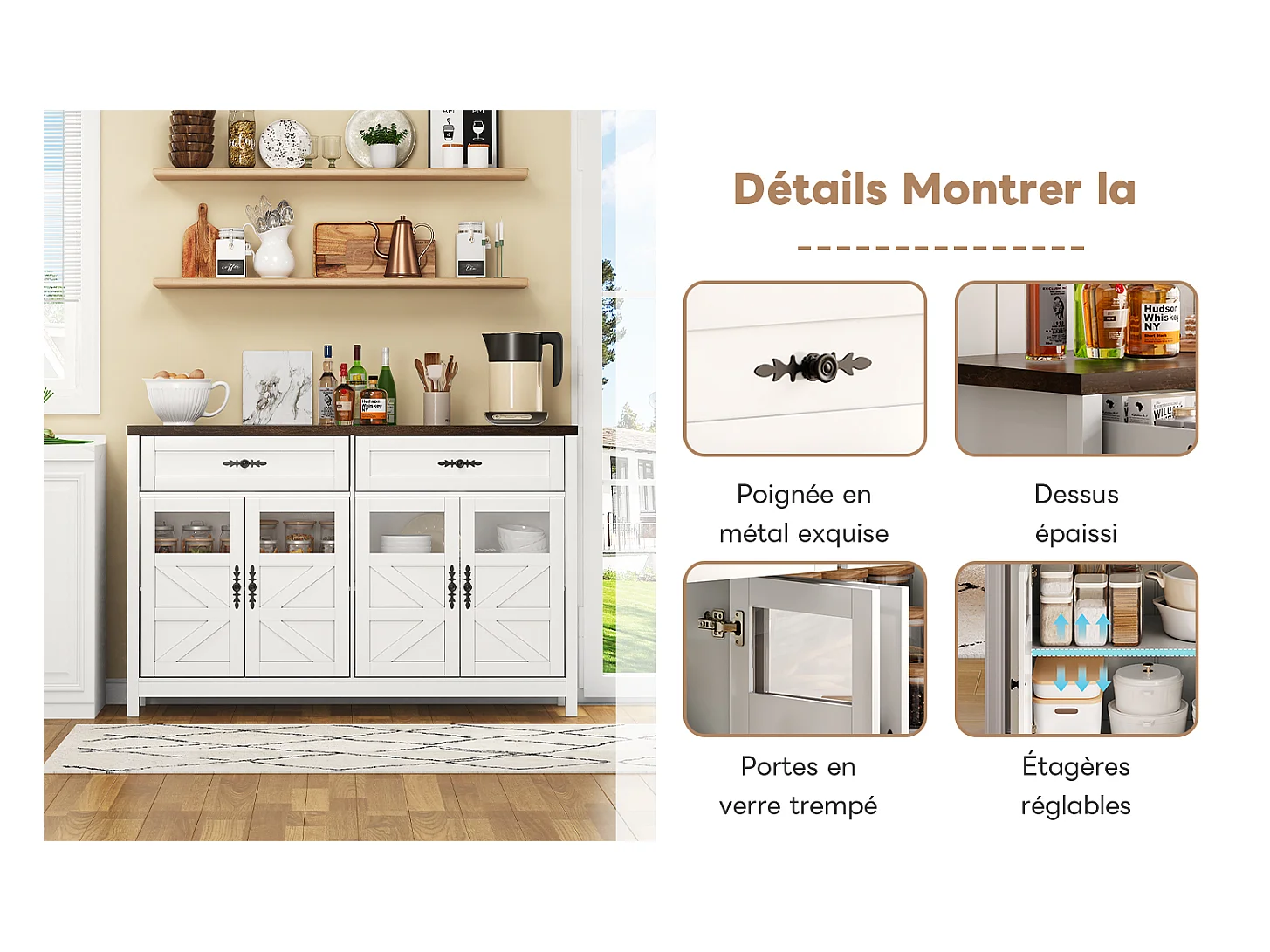 Buffet blanc 140 cm, 4 portes et 2 tiroirs, grand espace de rangement, style contemporain, bar à café, idéal salle à manger et salon