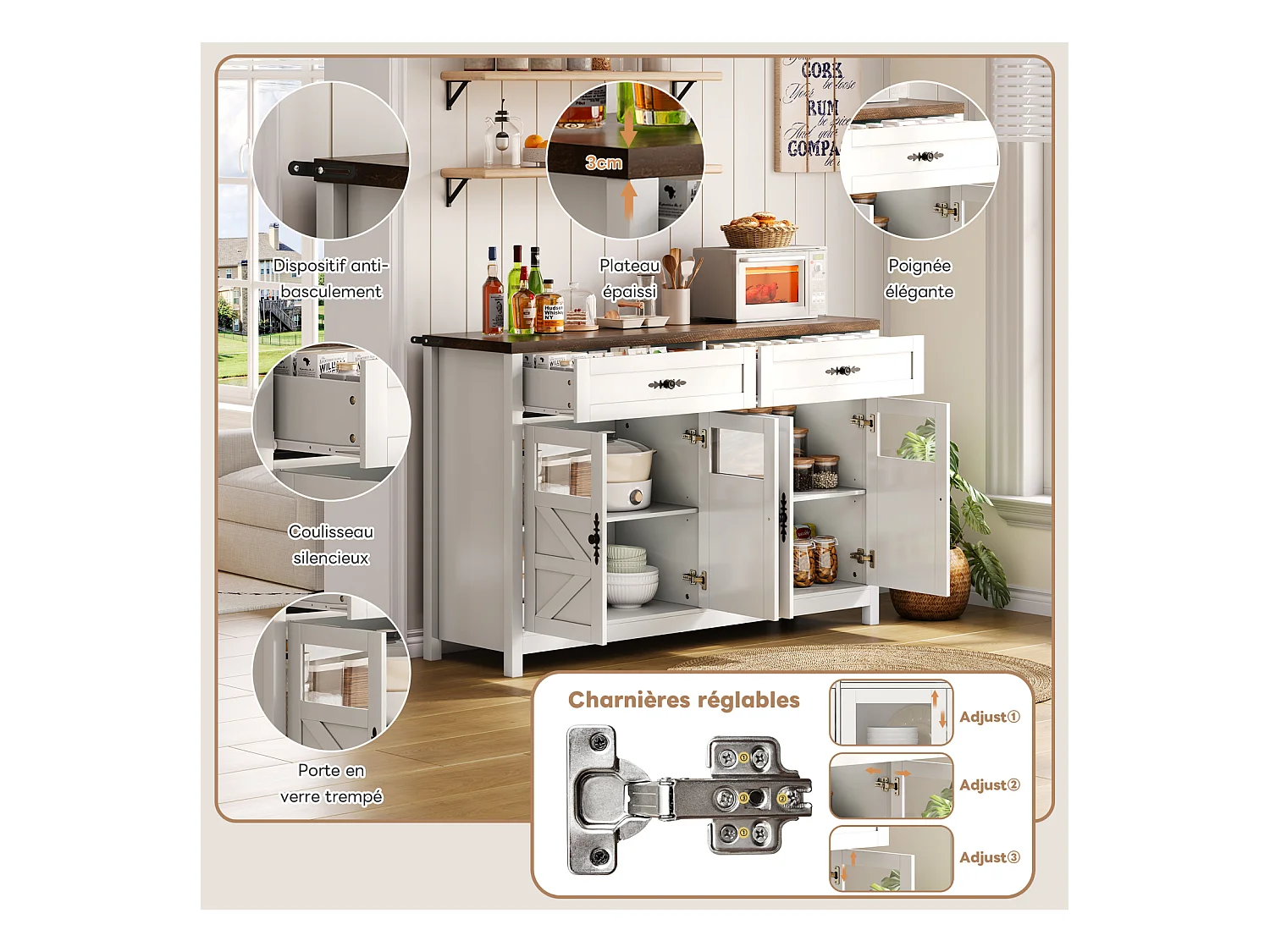 Buffet blanc 140 cm, 4 portes et 2 tiroirs, grand espace de rangement, style contemporain, bar à café, idéal salle à manger et salon