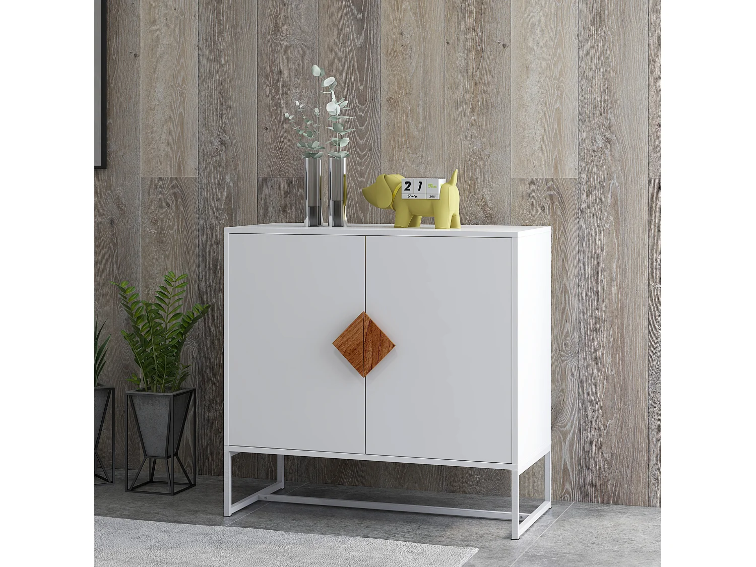 Aparador de 2 puertas de madera maciza con tiradores cuadrados: elegante mueble de almacenaje para salón, comedor o cocina.