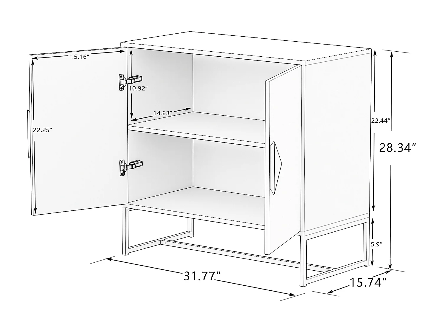 Aparador de 2 puertas de madera maciza con tiradores cuadrados: elegante mueble de almacenaje para salón, comedor o cocina.