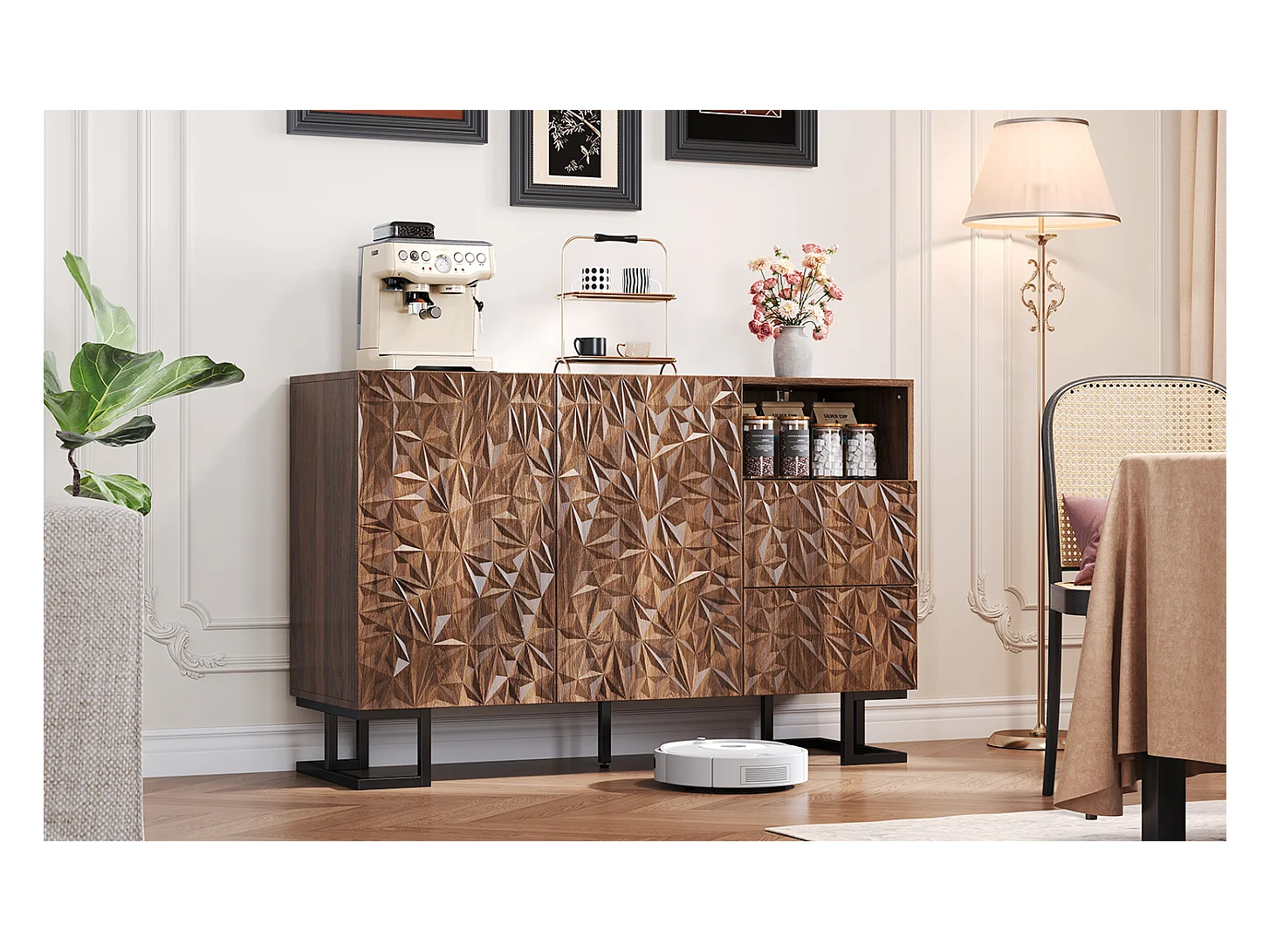 Buffet 120×40×78,5 cm en noyer foncé avec relief feuilles, pieds en métal, 2 portes et 2 tiroirs – Idéal pour salle à manger, salon ou couloir