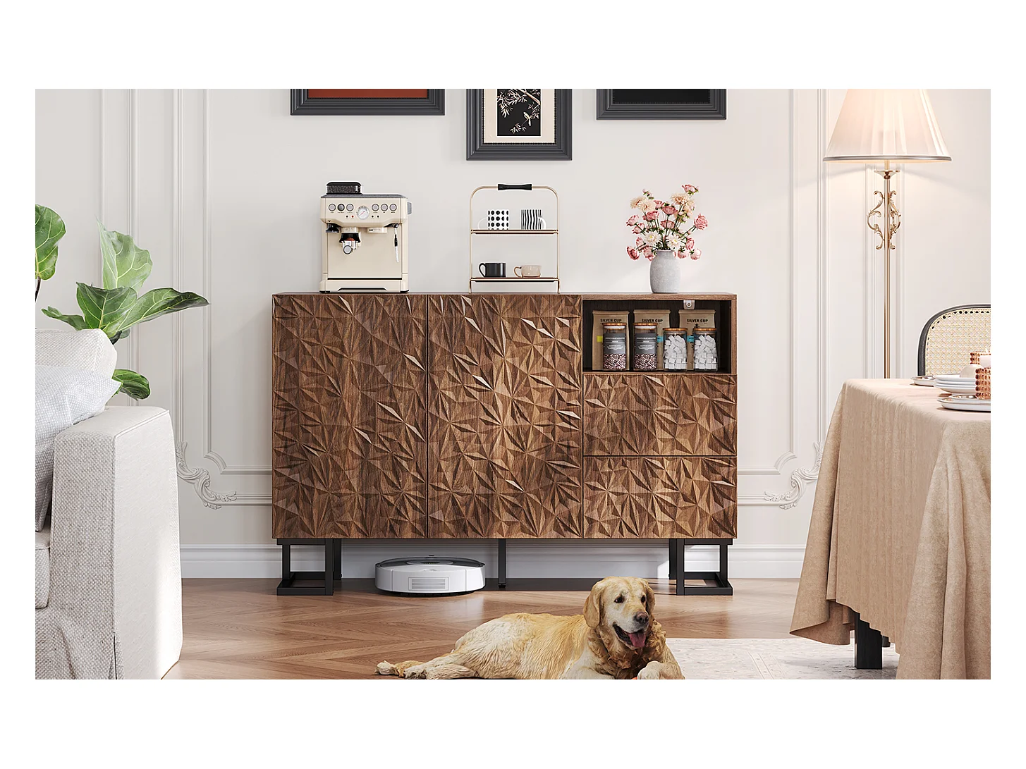 Buffet 120×40×78,5 cm en noyer foncé avec relief feuilles, pieds en métal, 2 portes et 2 tiroirs – Idéal pour salle à manger, salon ou couloir