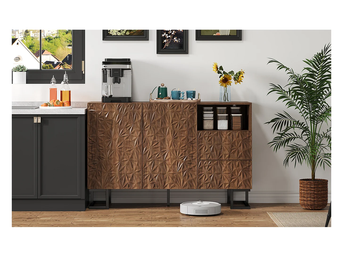 Buffet 120×40×78,5 cm en noyer foncé avec relief feuilles, pieds en métal, 2 portes et 2 tiroirs – Idéal pour salle à manger, salon ou couloir