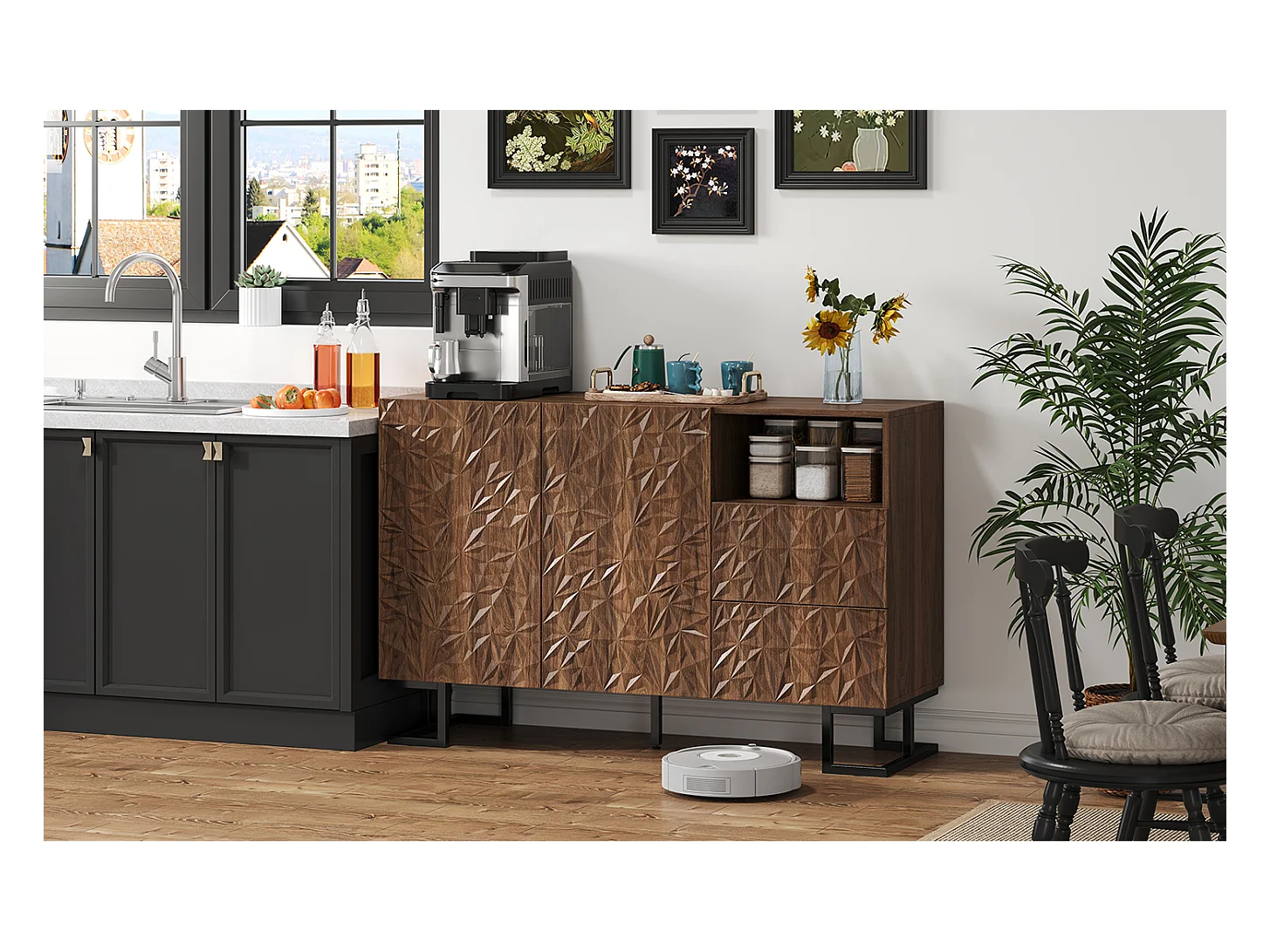 Buffet 120×40×78,5 cm en noyer foncé avec relief feuilles, pieds en métal, 2 portes et 2 tiroirs – Idéal pour salle à manger, salon ou couloir