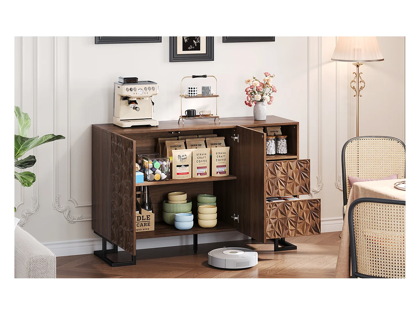 Buffet 120×40×78,5 cm en noyer foncé avec relief feuilles, pieds en métal, 2 portes et 2 tiroirs – Idéal pour salle à manger, salon ou couloir