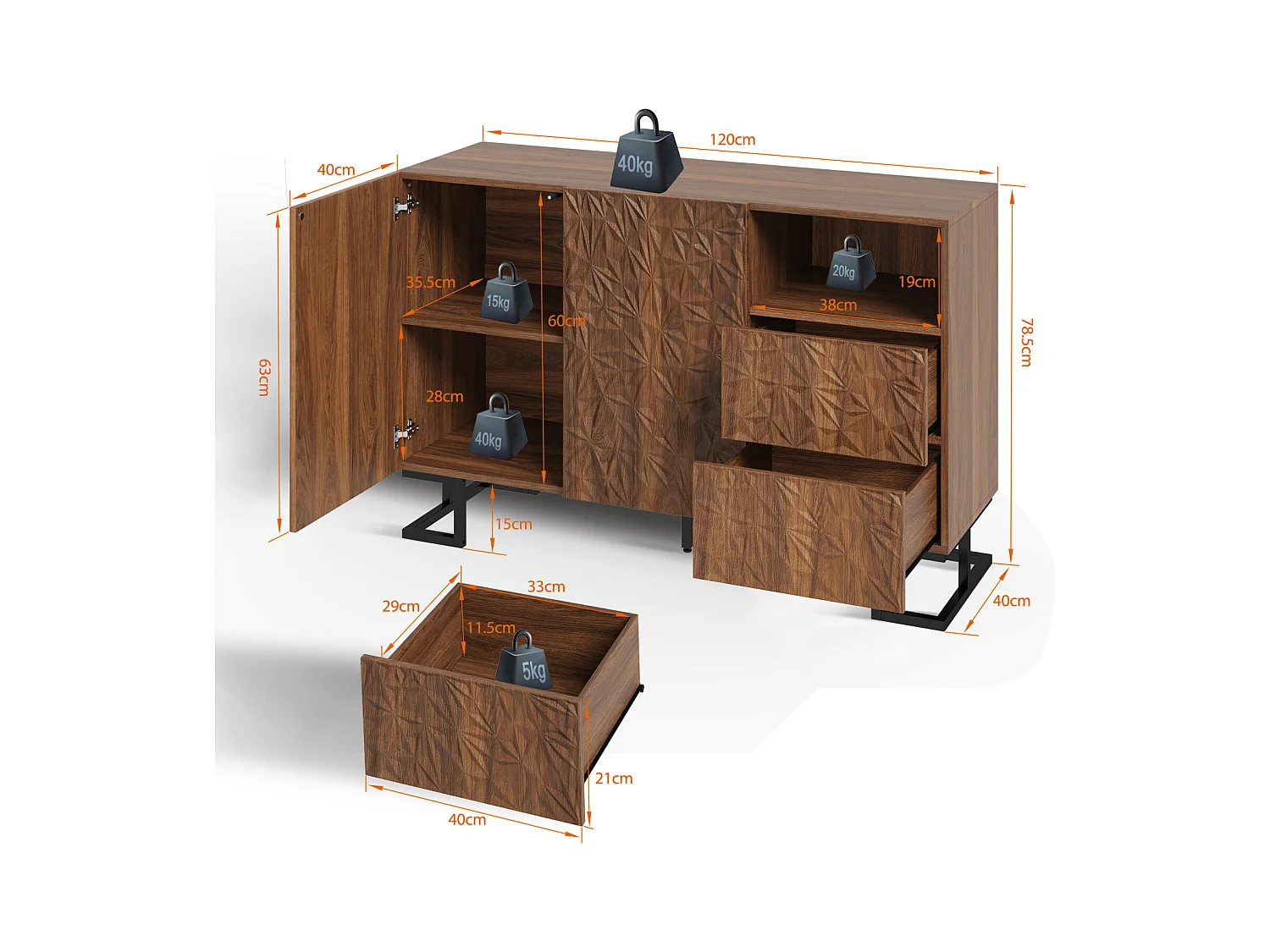 Buffet 120×40×78,5 cm en noyer foncé avec relief feuilles, pieds en métal, 2 portes et 2 tiroirs – Idéal pour salle à manger, salon ou couloir