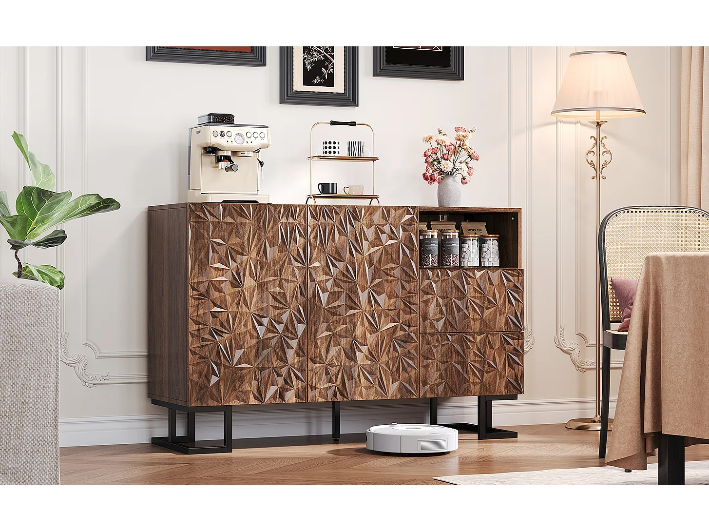 Dressoir 120×40×78,5 cm in donker notenhout met bladreliëf, metalen poten, 2 deuren en 2 lades – Ideaal voor eetkamer, woonkamer of hal