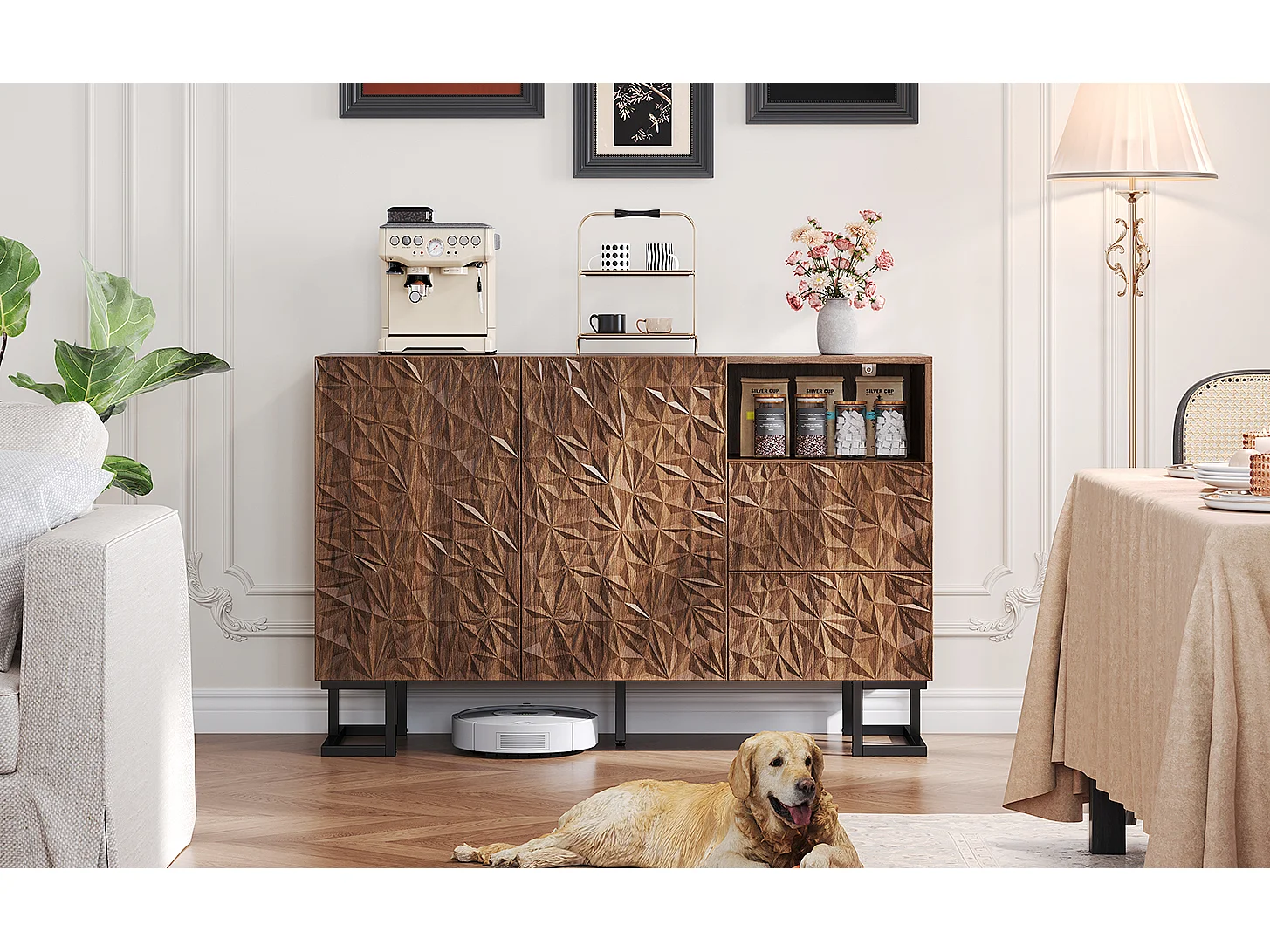 Dressoir 120×40×78,5 cm in donker notenhout met bladreliëf, metalen poten, 2 deuren en 2 lades – Ideaal voor eetkamer, woonkamer of hal