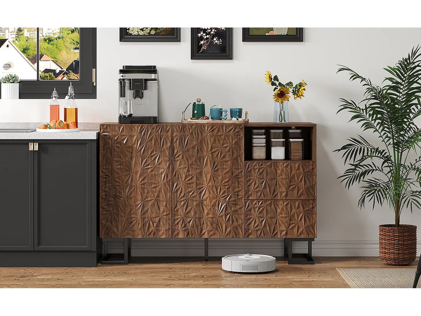 Dressoir 120×40×78,5 cm in donker notenhout met bladreliëf, metalen poten, 2 deuren en 2 lades – Ideaal voor eetkamer, woonkamer of hal