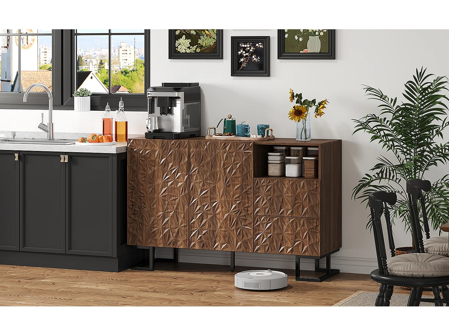 Dressoir 120×40×78,5 cm in donker notenhout met bladreliëf, metalen poten, 2 deuren en 2 lades – Ideaal voor eetkamer, woonkamer of hal