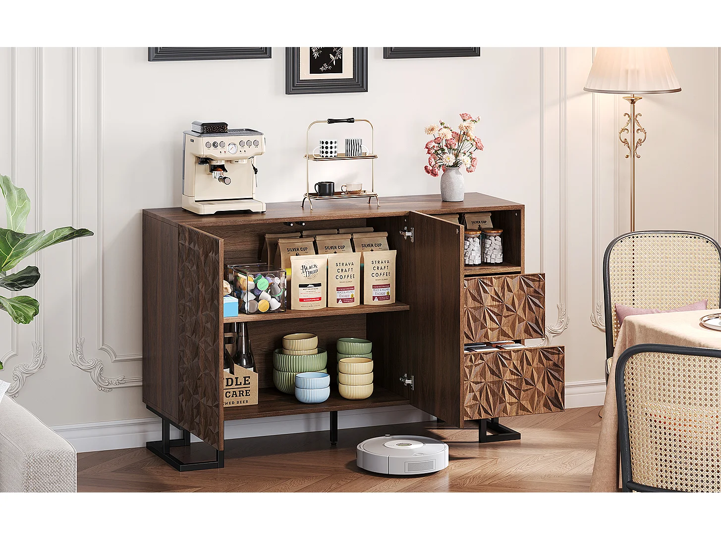 Dressoir 120×40×78,5 cm in donker notenhout met bladreliëf, metalen poten, 2 deuren en 2 lades – Ideaal voor eetkamer, woonkamer of hal