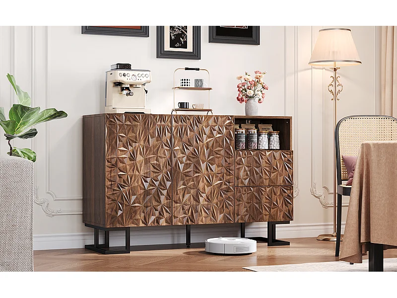 Dressoir 120×40×78,5 cm in donker notenhout met bladreliëf, metalen poten, 2 deuren en 2 lades – Ideaal voor eetkamer, woonkamer of hal